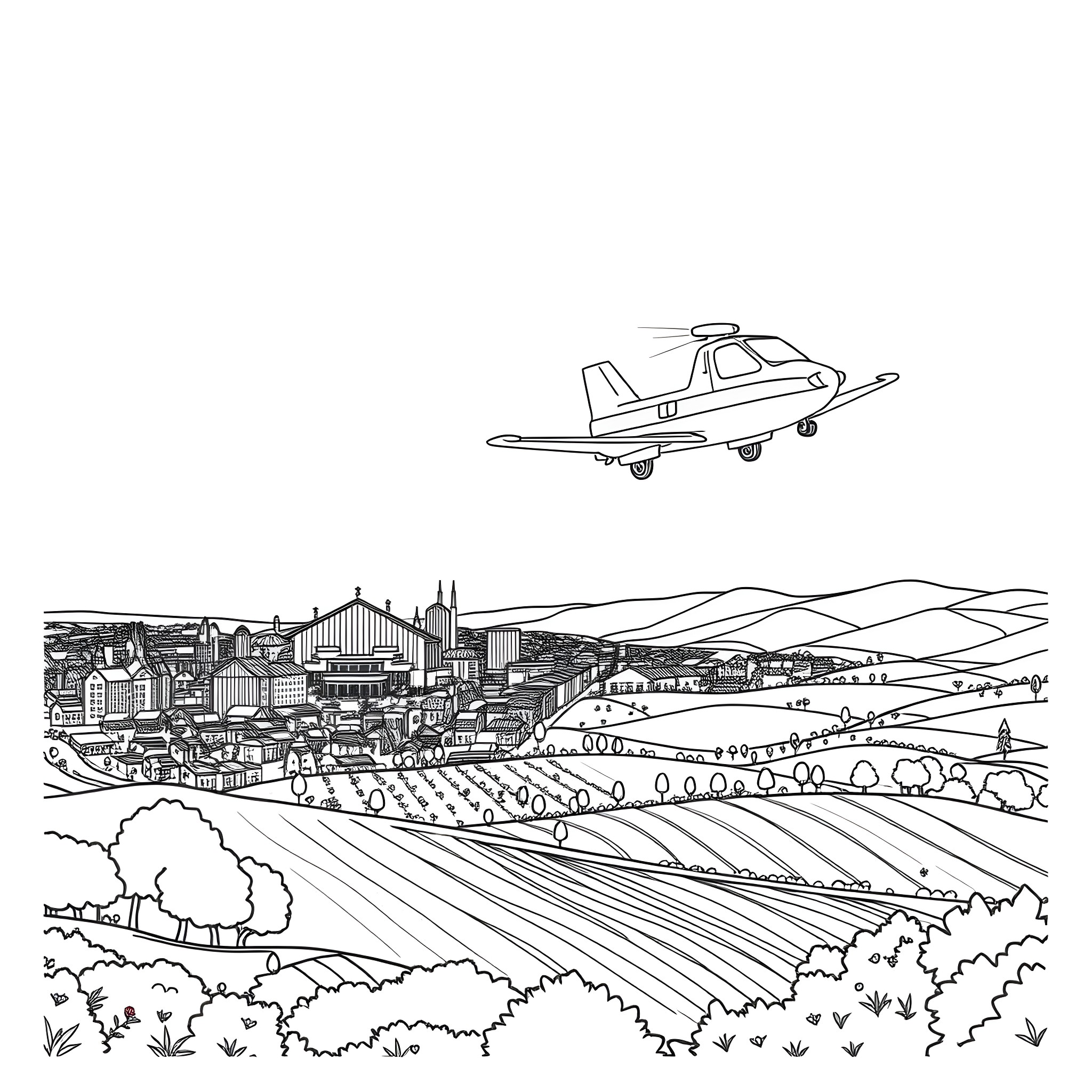 Air Ambulance Hovering Over Rural Landscape Coloring Page (free black-and-white line drawing printable PDF for all, from beginners to advanced learners, including children, teens, adults, and seniors)