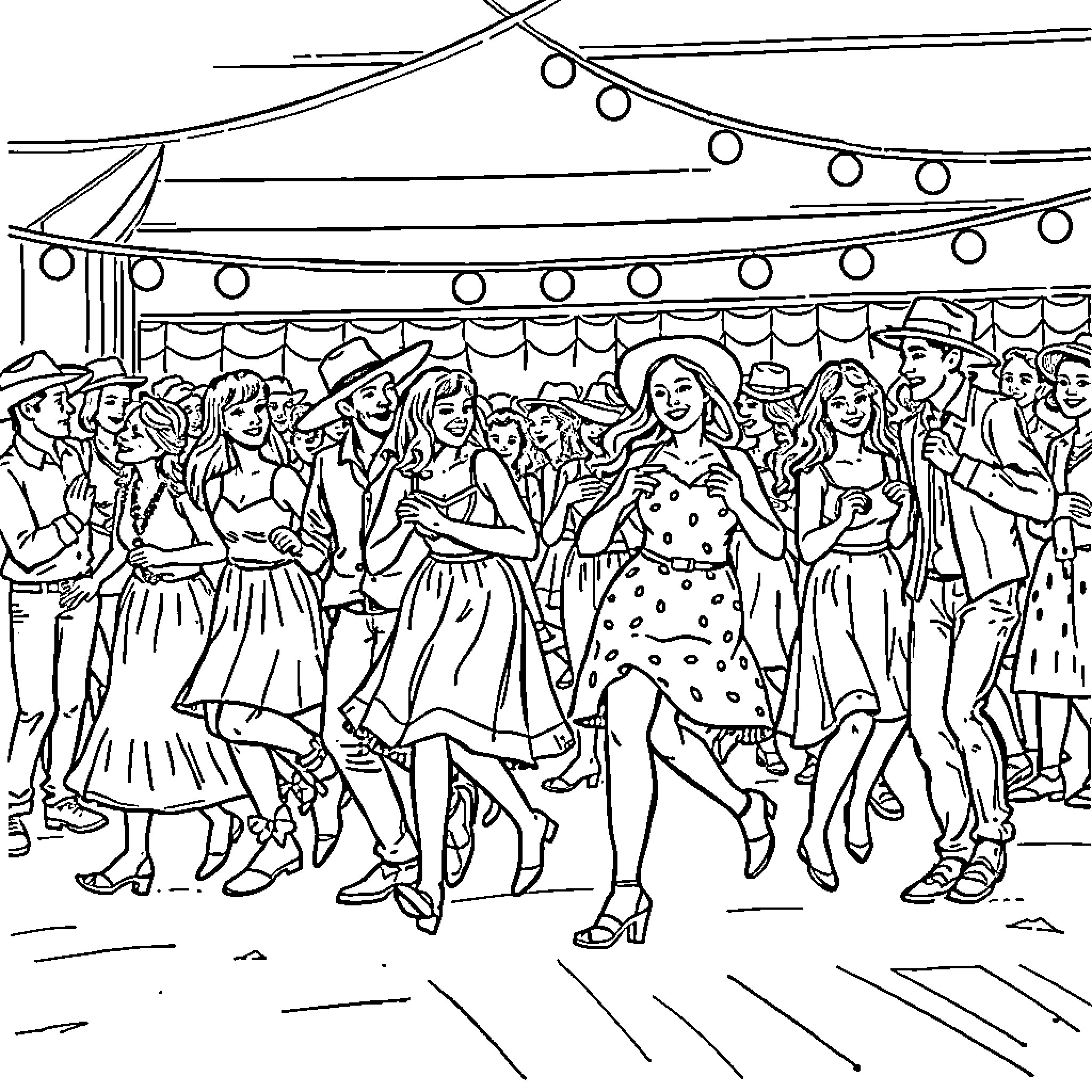 Country Line Dance Celebration with Lively Dancers Coloring Page (free black-and-white line drawing printable PDF for all, from beginners to advanced learners, including children, teens, adults, and seniors)