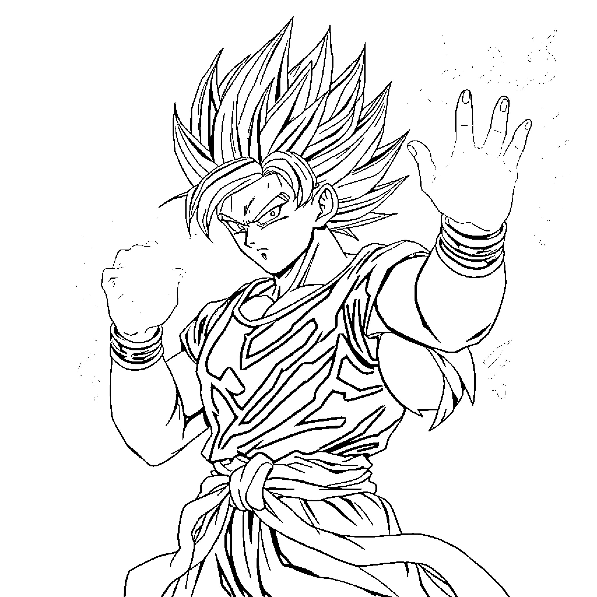 Super Saiyan Warrior's Powerful Stance Coloring Page (free black-and-white line drawing printable PDF for all, from beginners to advanced learners, including children, teens, adults, and seniors)