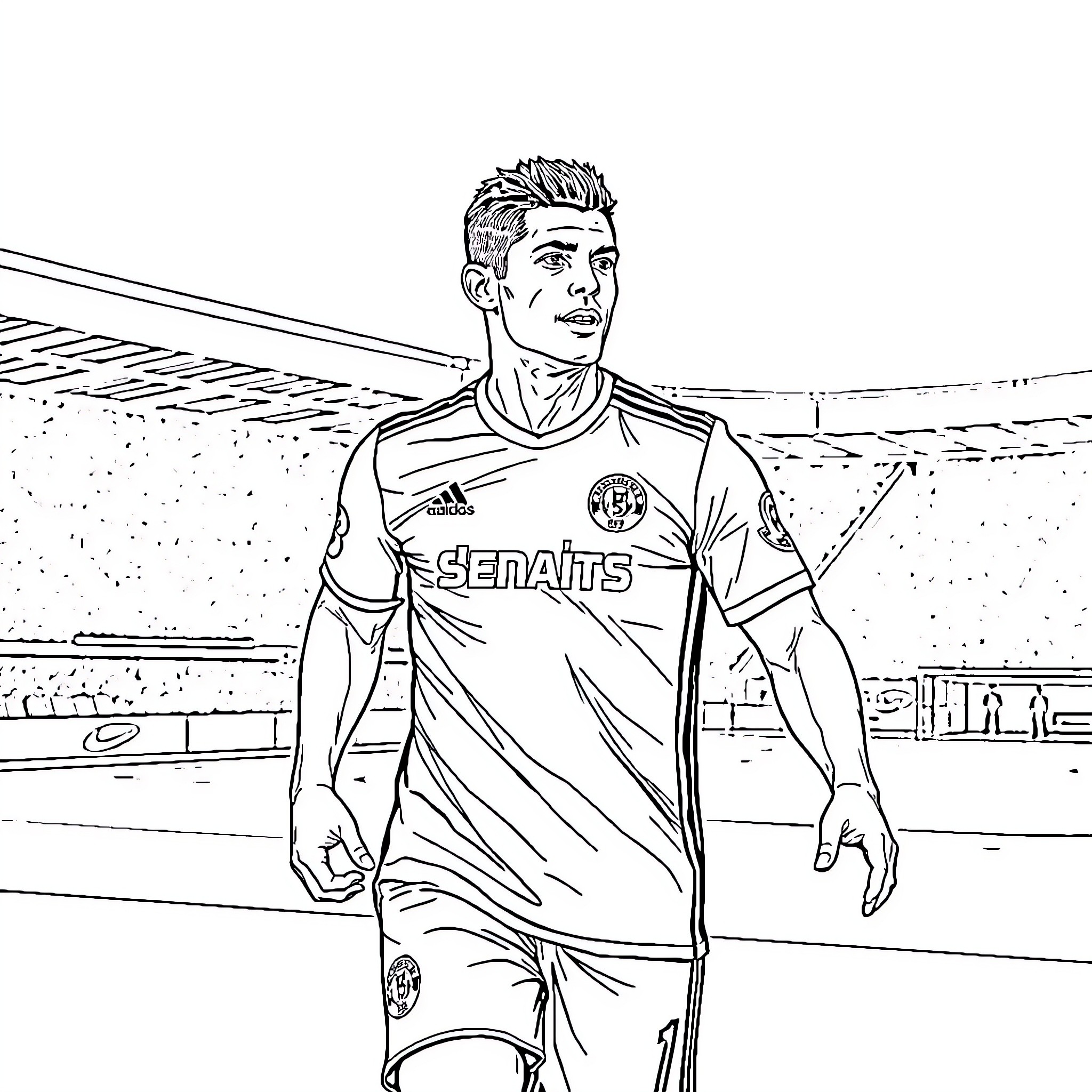 Ronaldo in uniform on the soccer field Coloring Page (free black-and-white line drawing printable PDF for all, from beginners to advanced learners, including children, teens, adults, and seniors)