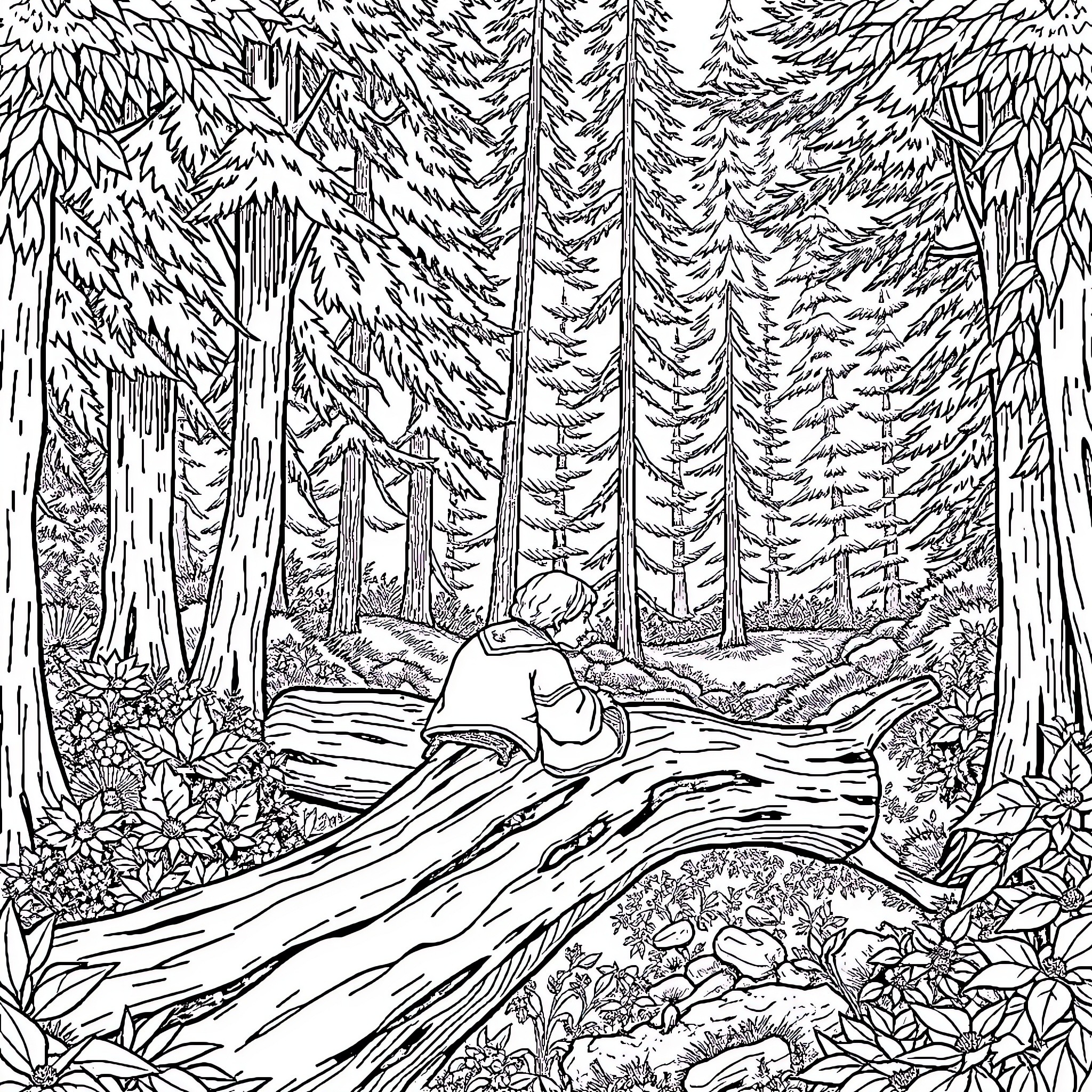 Old Lady Resting in Peaceful Forest Landscape Coloring Page (free black-and-white line drawing printable PDF for all, from beginners to advanced learners, including children, teens, adults, and seniors)