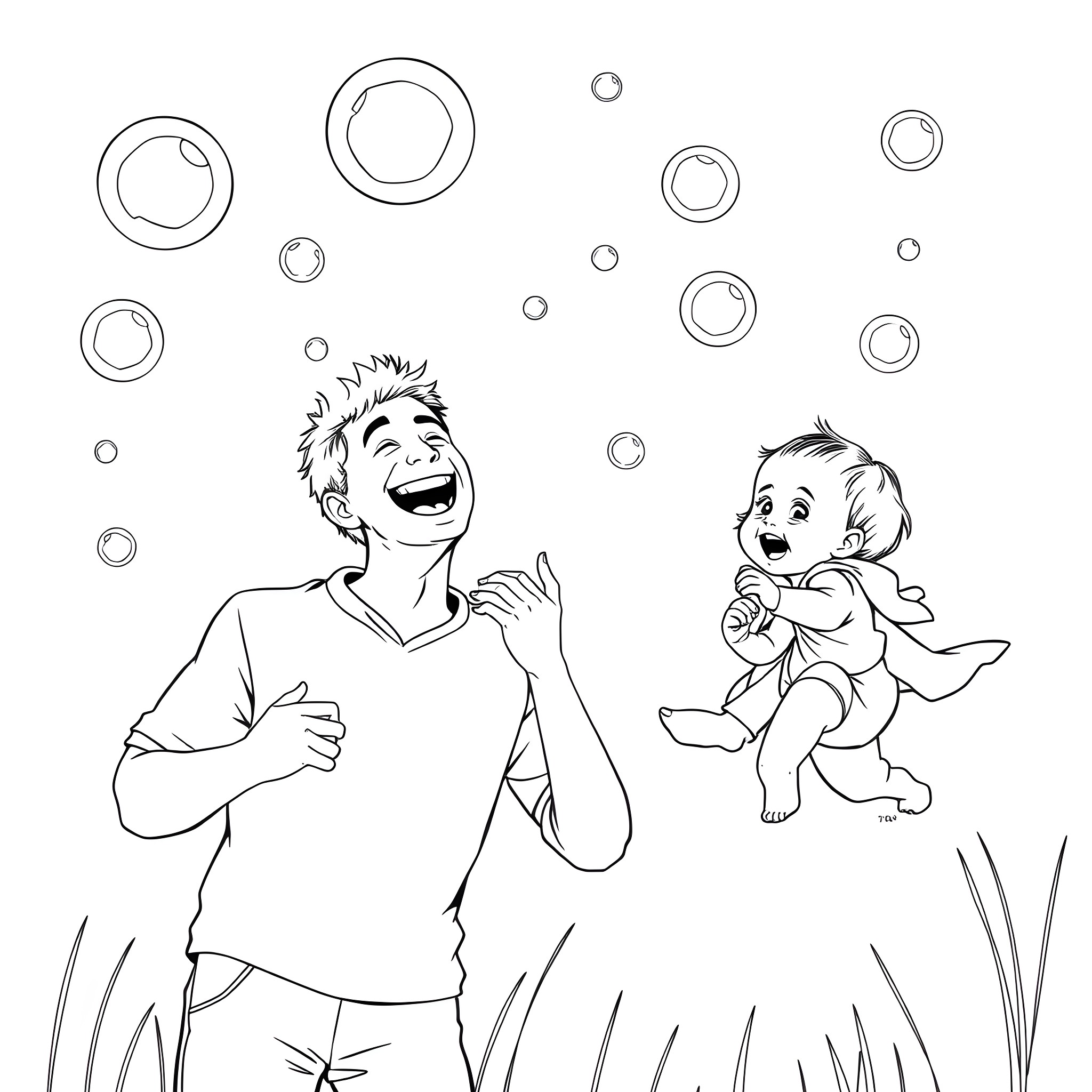 Family Enjoying Playful Bubbles Outdoors Coloring Page (free black-and-white line drawing printable PDF for all, from beginners to advanced learners, including children, teens, adults, and seniors)