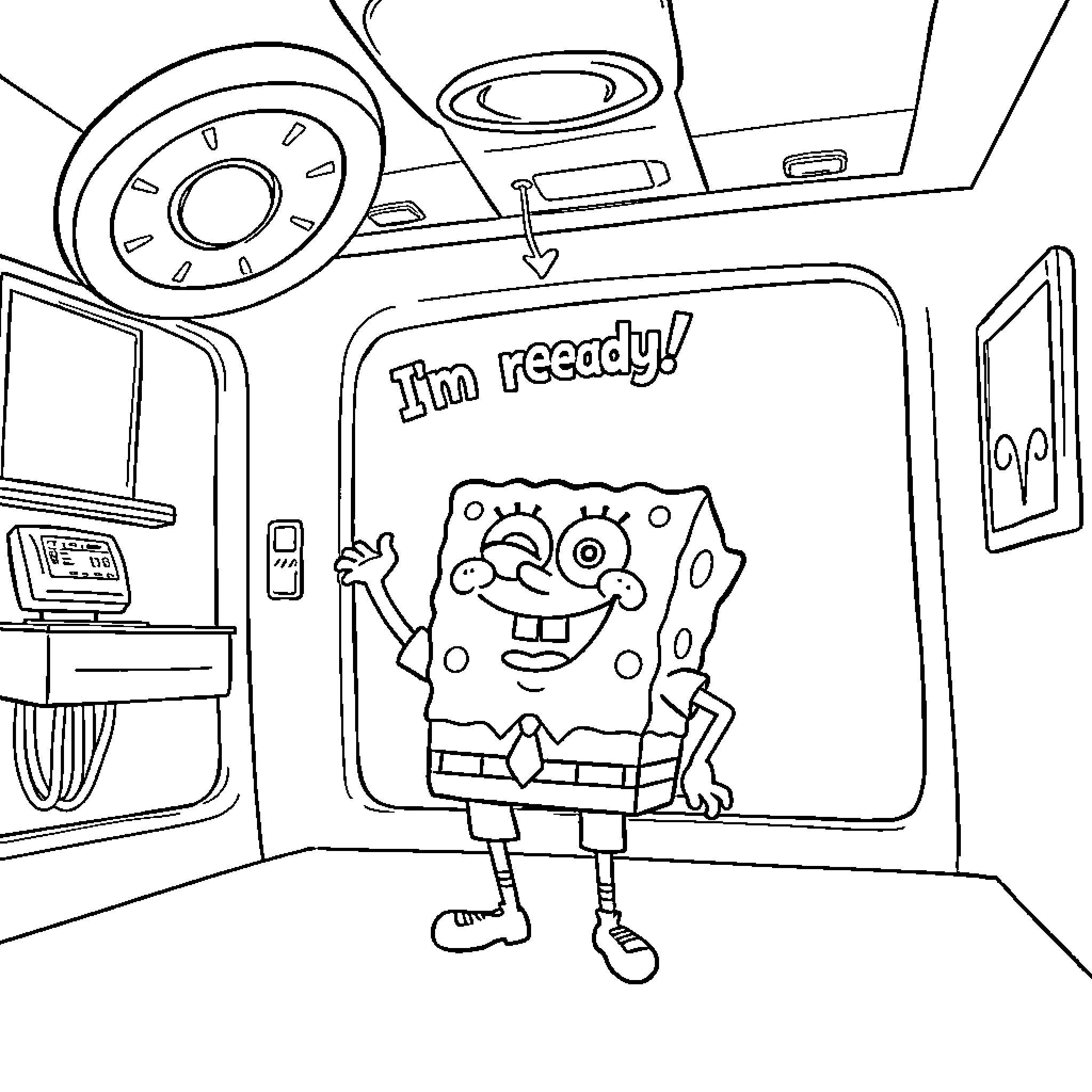 Spongebob in a playful and excited pose Coloring Page (free black-and-white line drawing printable PDF for all, from beginners to advanced learners, including children, teens, adults, and seniors)
