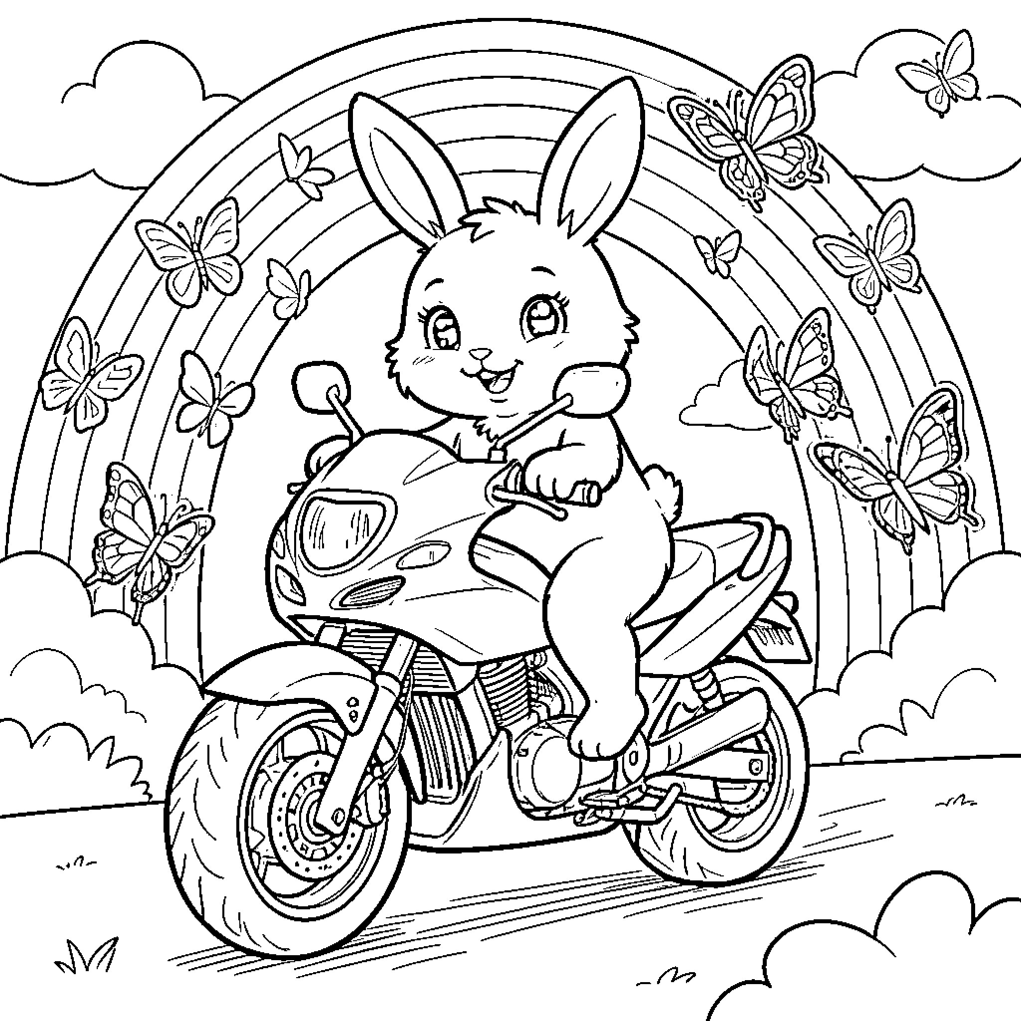 Bunny riding motorcycle amidst butterflies and rainbow Coloring Page (free black-and-white line drawing printable PDF for all, from beginners to advanced learners, including children, teens, adults, and seniors)