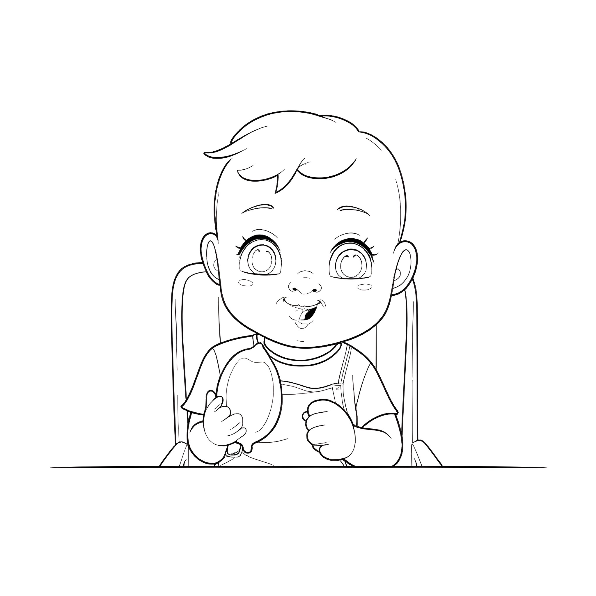 Baby sitting happily in a high chair Coloring Page (free black-and-white line drawing printable PDF for all, from beginners to advanced learners, including children, teens, adults, and seniors)