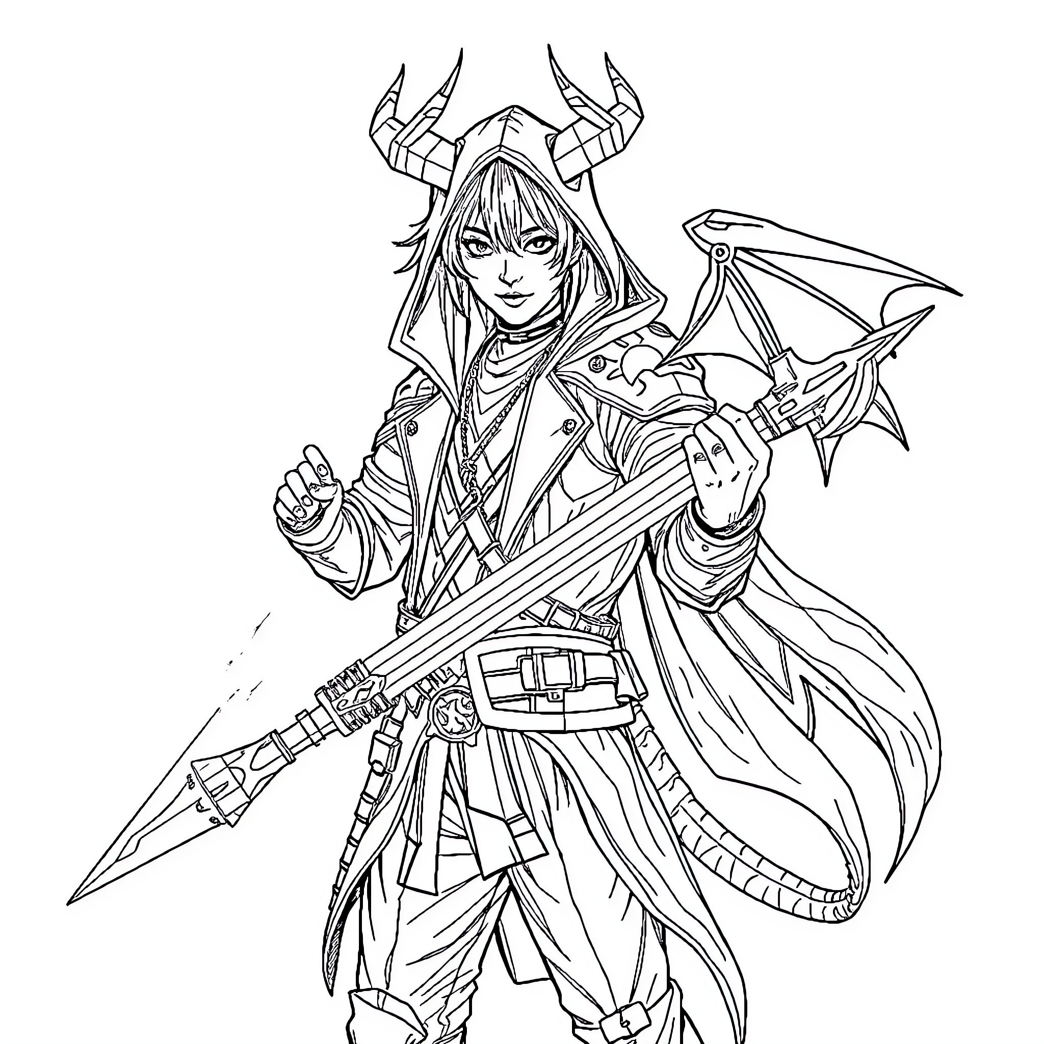 Demon Hunter in Intimidating Attire Wielding Lethal Weapon Coloring Page (free black-and-white line drawing printable PDF for all, from beginners to advanced learners, including children, teens, adults, and seniors)