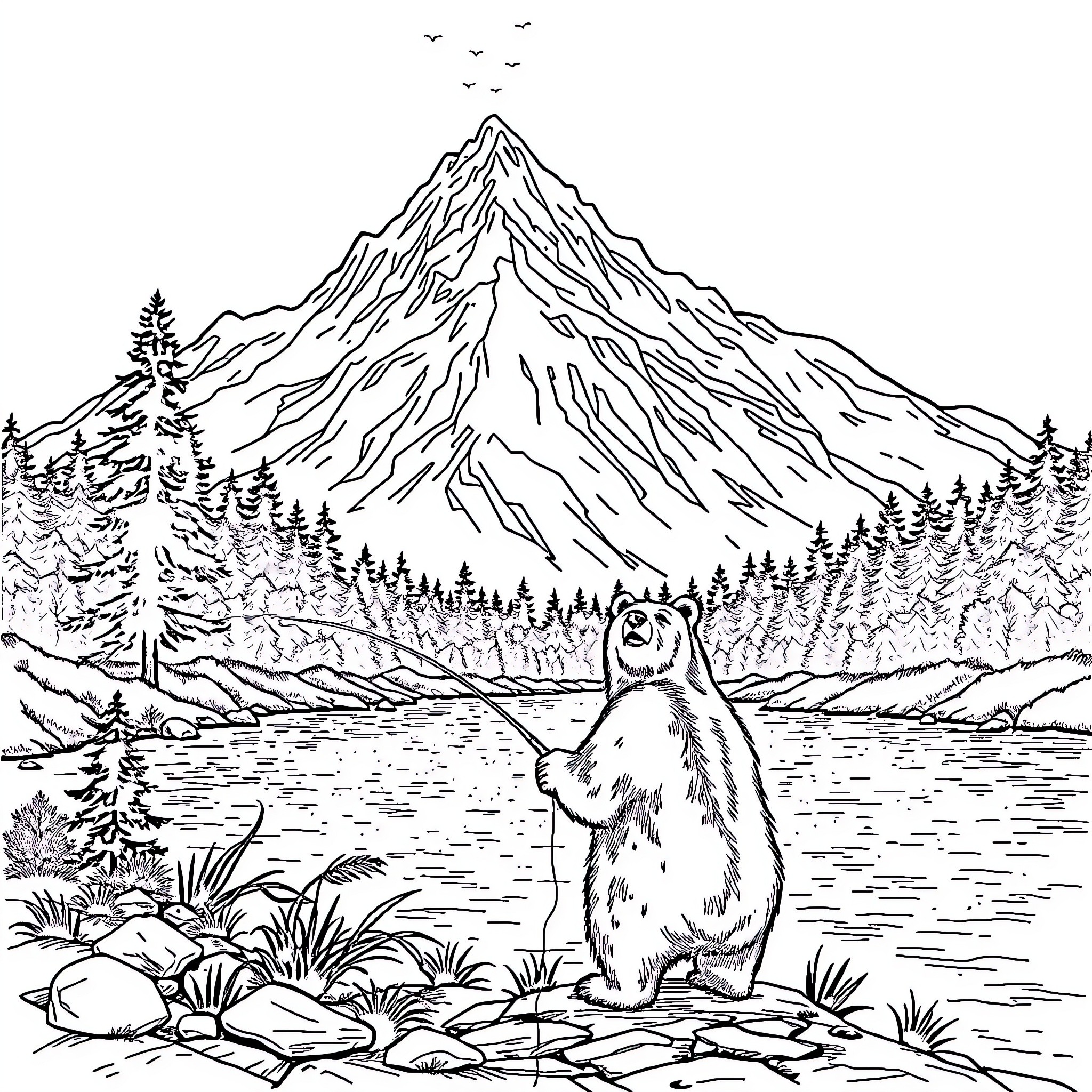 Bear exploring majestic mountain landscape Coloring Page (free black-and-white line drawing printable PDF for all, from beginners to advanced learners, including children, teens, adults, and seniors)