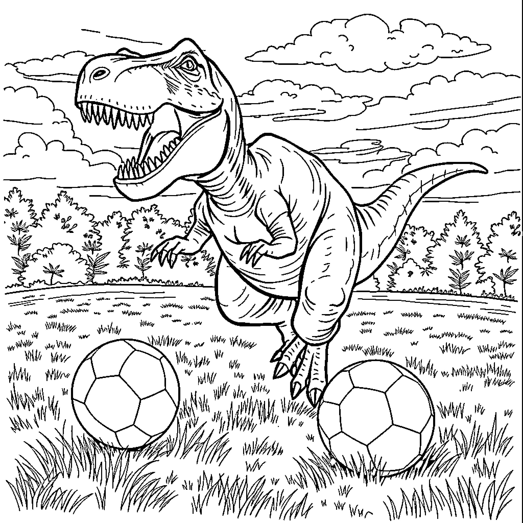 T-Rex Playing with Soccer Balls in the Wild Coloring Page (free black-and-white line drawing printable PDF for all, from beginners to advanced learners, including children, teens, adults, and seniors)