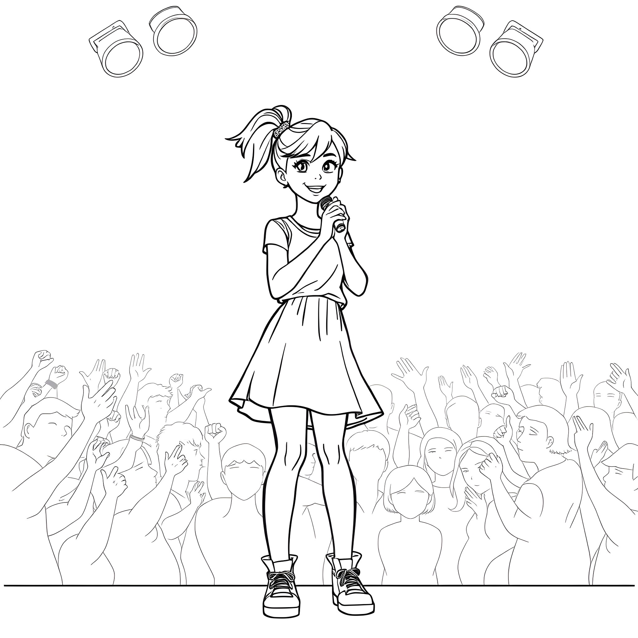 Teen Girl Performing on Stage with Audience Coloring Page (free black-and-white line drawing printable PDF for all, from beginners to advanced learners, including children, teens, adults, and seniors)