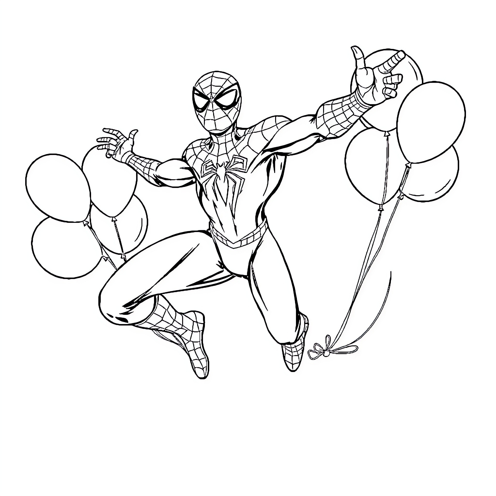 Spider-Man Swinging with Balloons in the Air Coloring Page (free black-and-white line drawing printable PDF for all, from beginners to advanced learners, including children, teens, adults, and seniors)