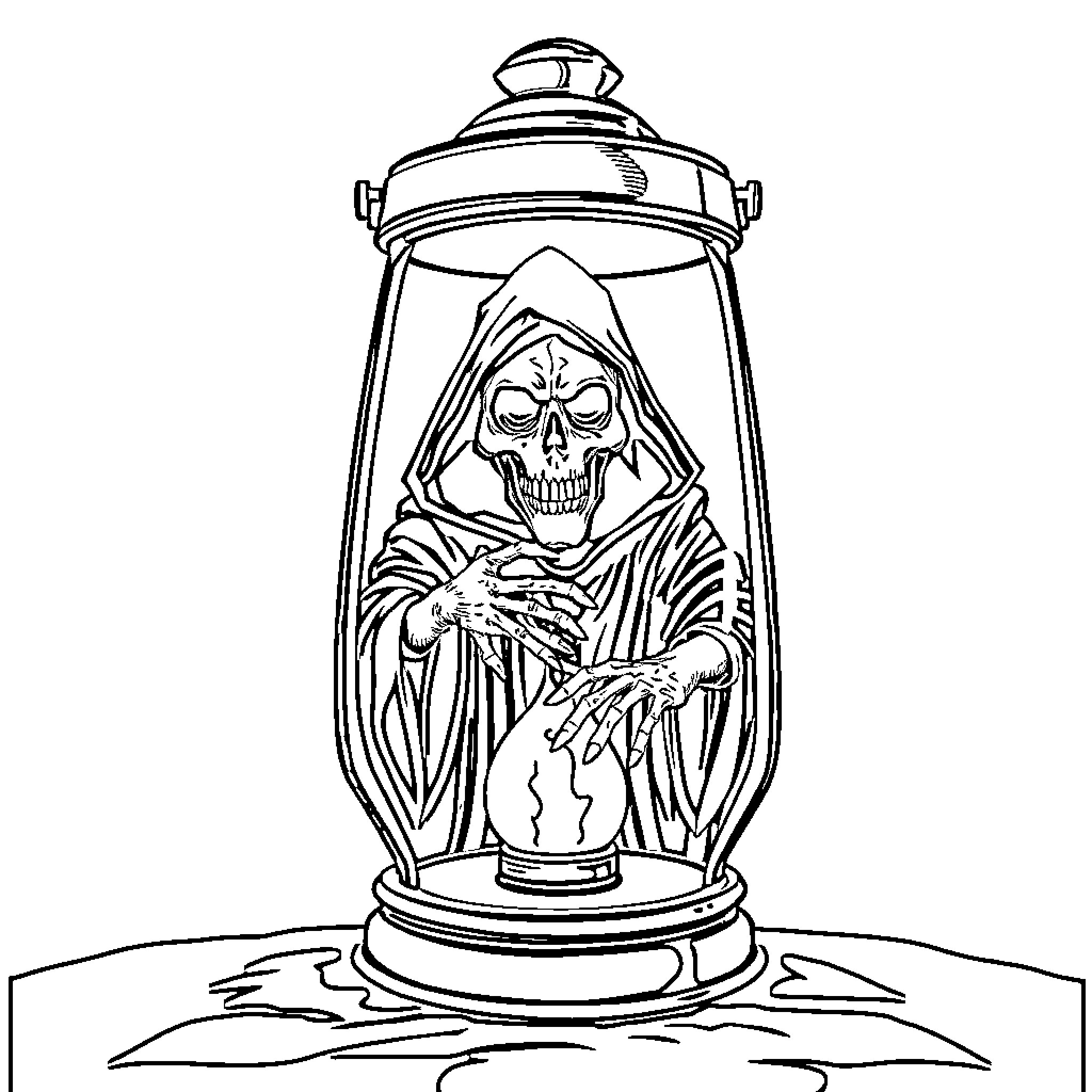 Death's Ominous Presence in the Lantern Coloring Page (free black-and-white line drawing printable PDF for all, from beginners to advanced learners, including children, teens, adults, and seniors)