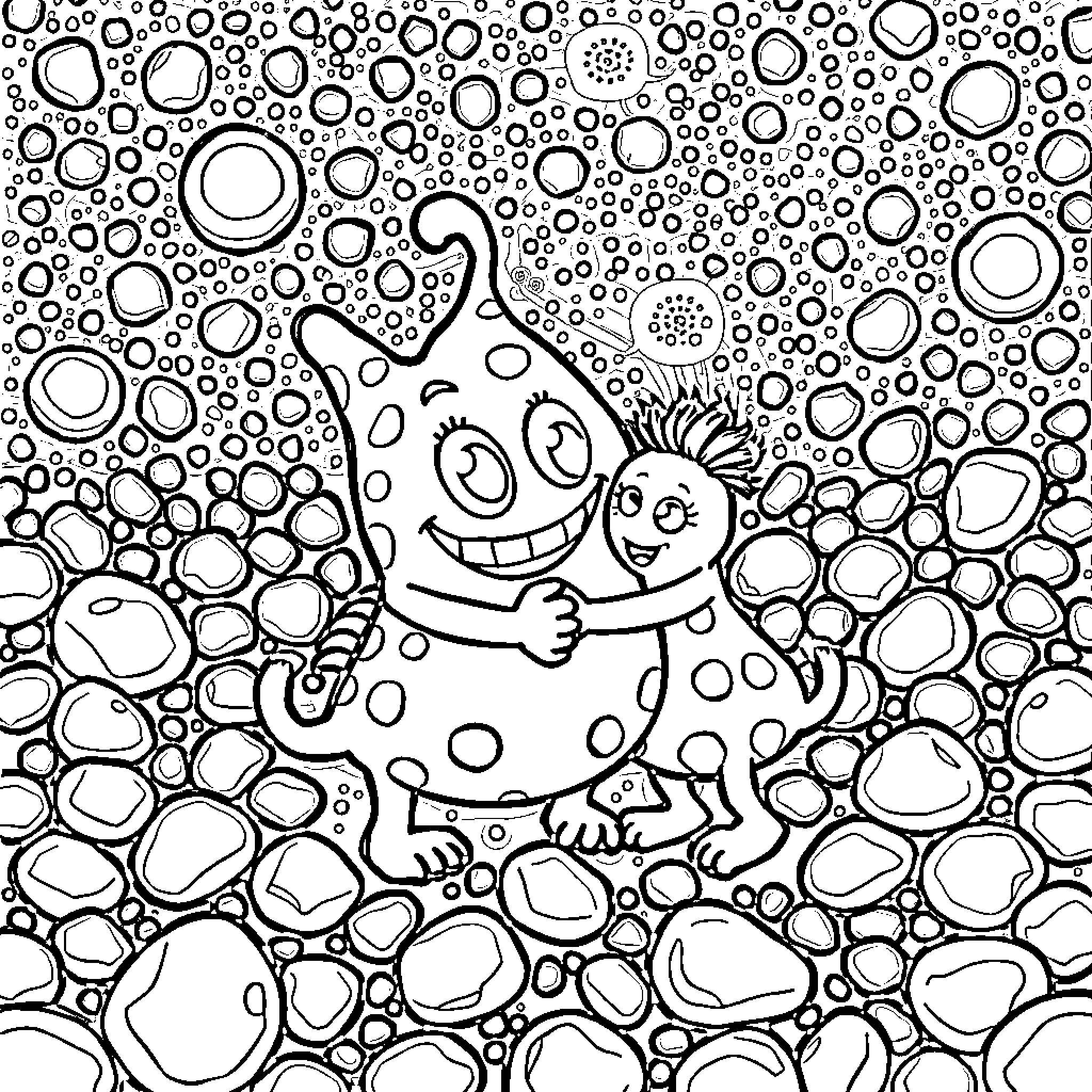 Pebble characters in a whimsical environment Coloring Page (free black-and-white line drawing printable PDF for all, from beginners to advanced learners, including children, teens, adults, and seniors)
