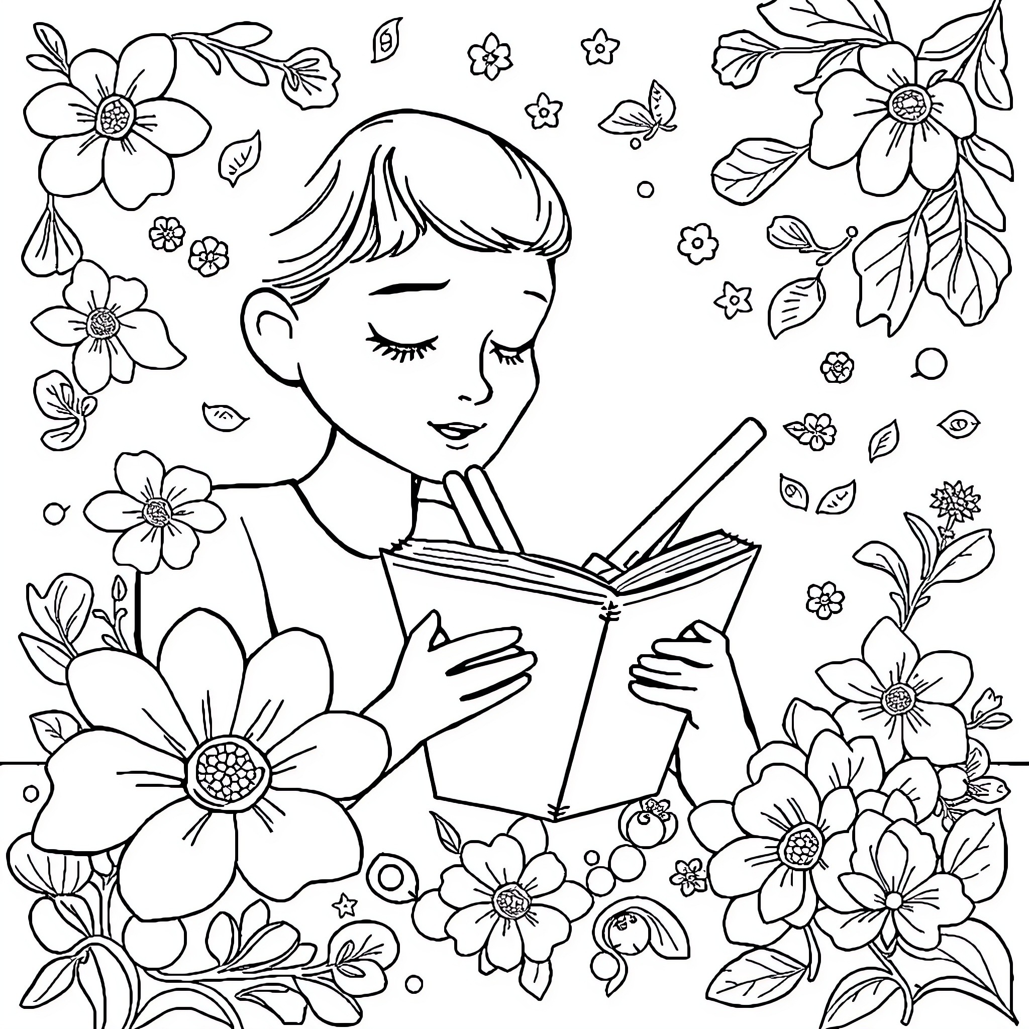 Vowels Enjoying Literary Blossoms Coloring Page (free black-and-white line drawing printable PDF for all, from beginners to advanced learners, including children, teens, adults, and seniors)