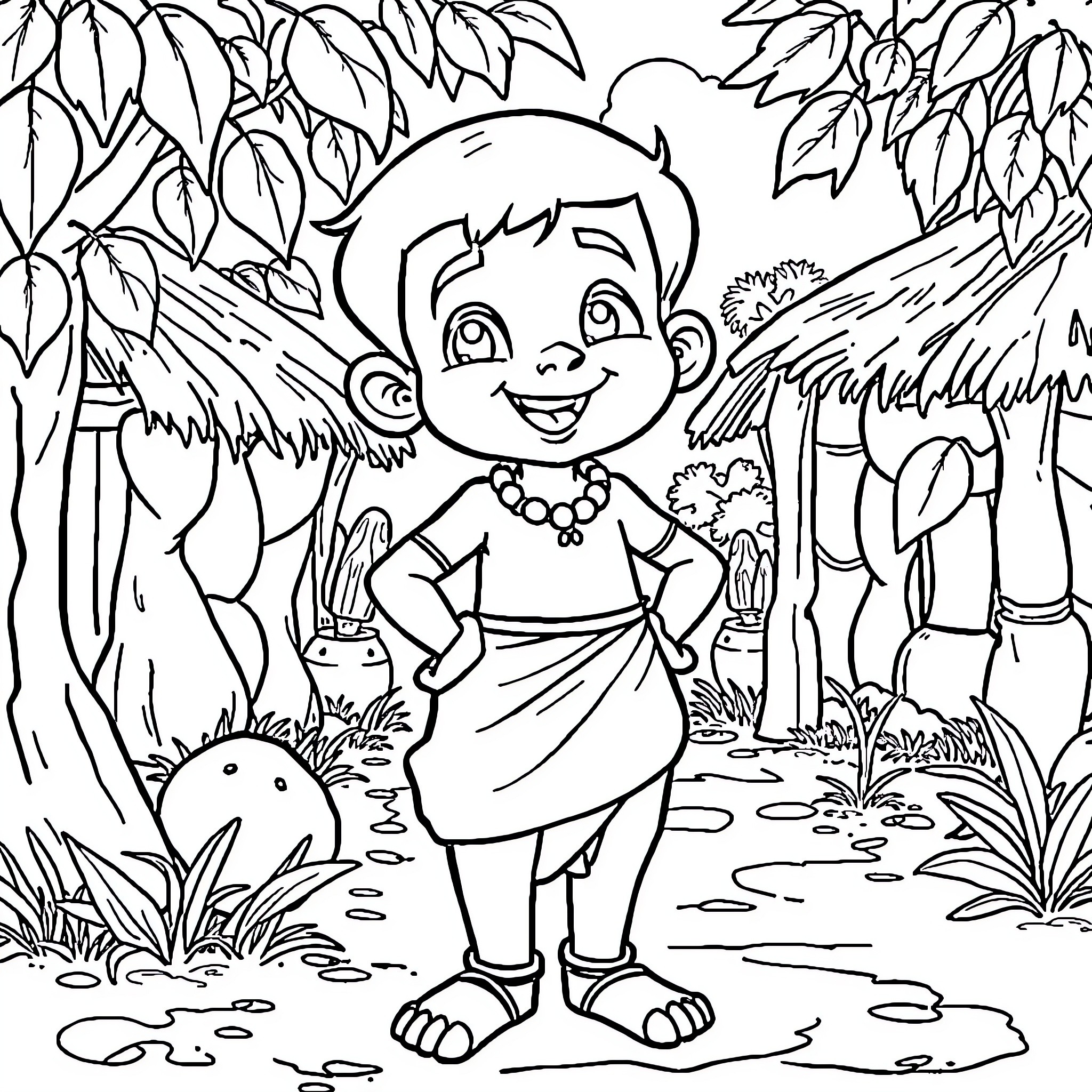 Chota Bheem exploring the jungle with a friendly animal Coloring Page (free black-and-white line drawing printable PDF for all, from beginners to advanced learners, including children, teens, adults, and seniors)