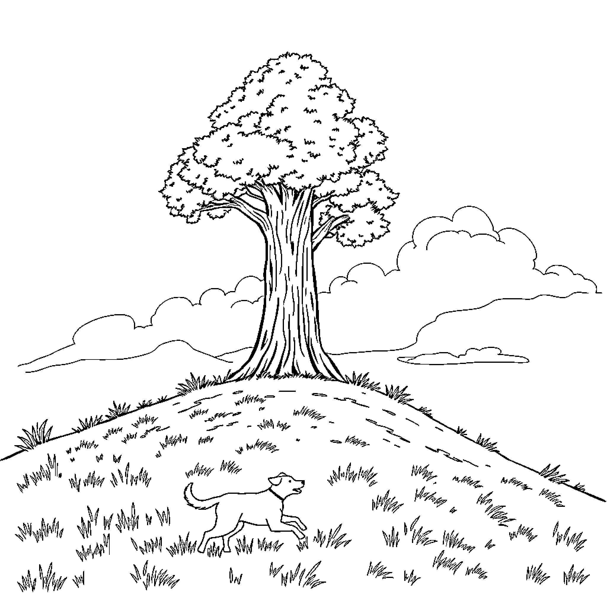Tree with animals in a grassy field Coloring Page (free black-and-white line drawing printable PDF for all, from beginners to advanced learners, including children, teens, adults, and seniors)