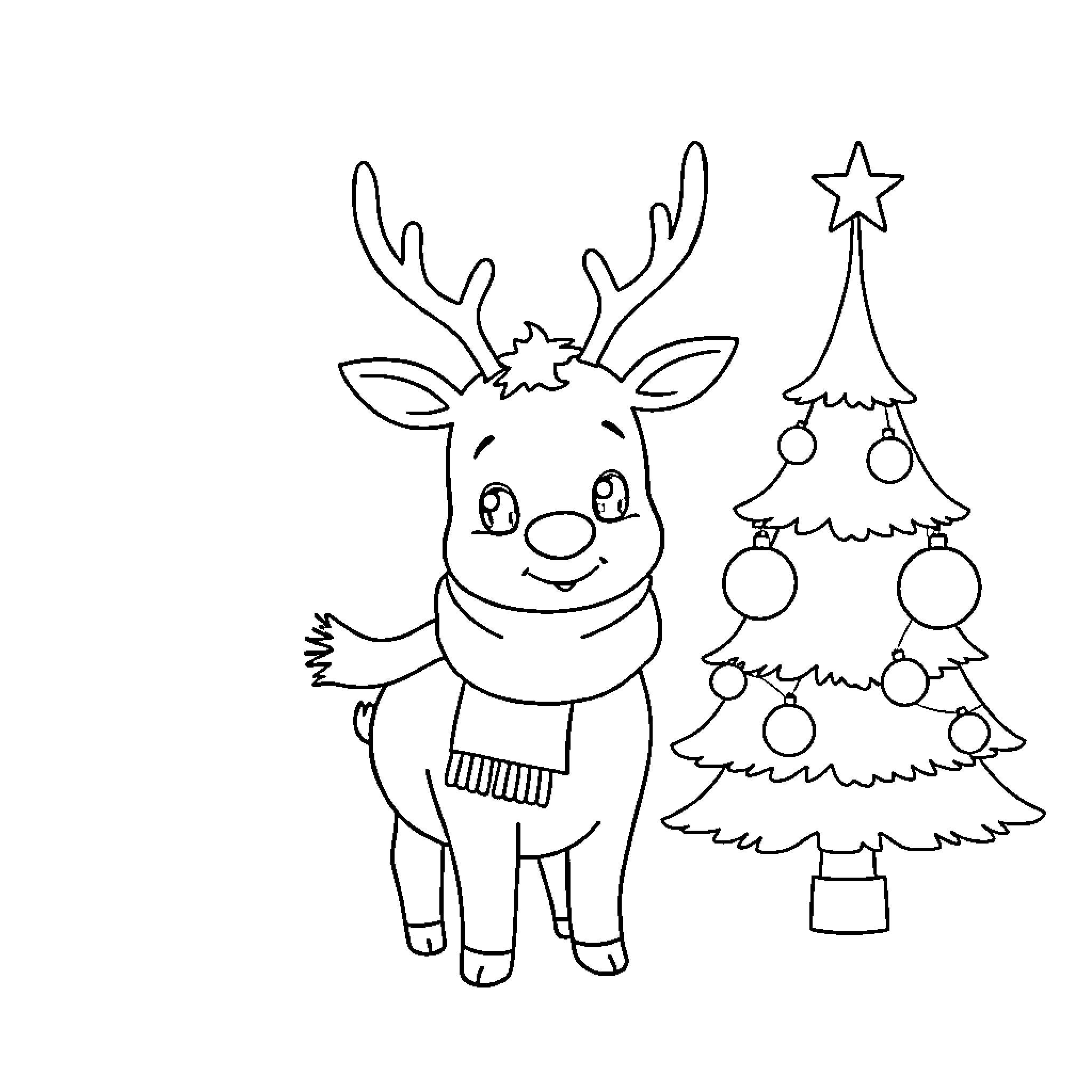 Reindeer and Christmas tree with decorations Coloring Page (free black-and-white line drawing printable PDF for all, from beginners to advanced learners, including children, teens, adults, and seniors)
