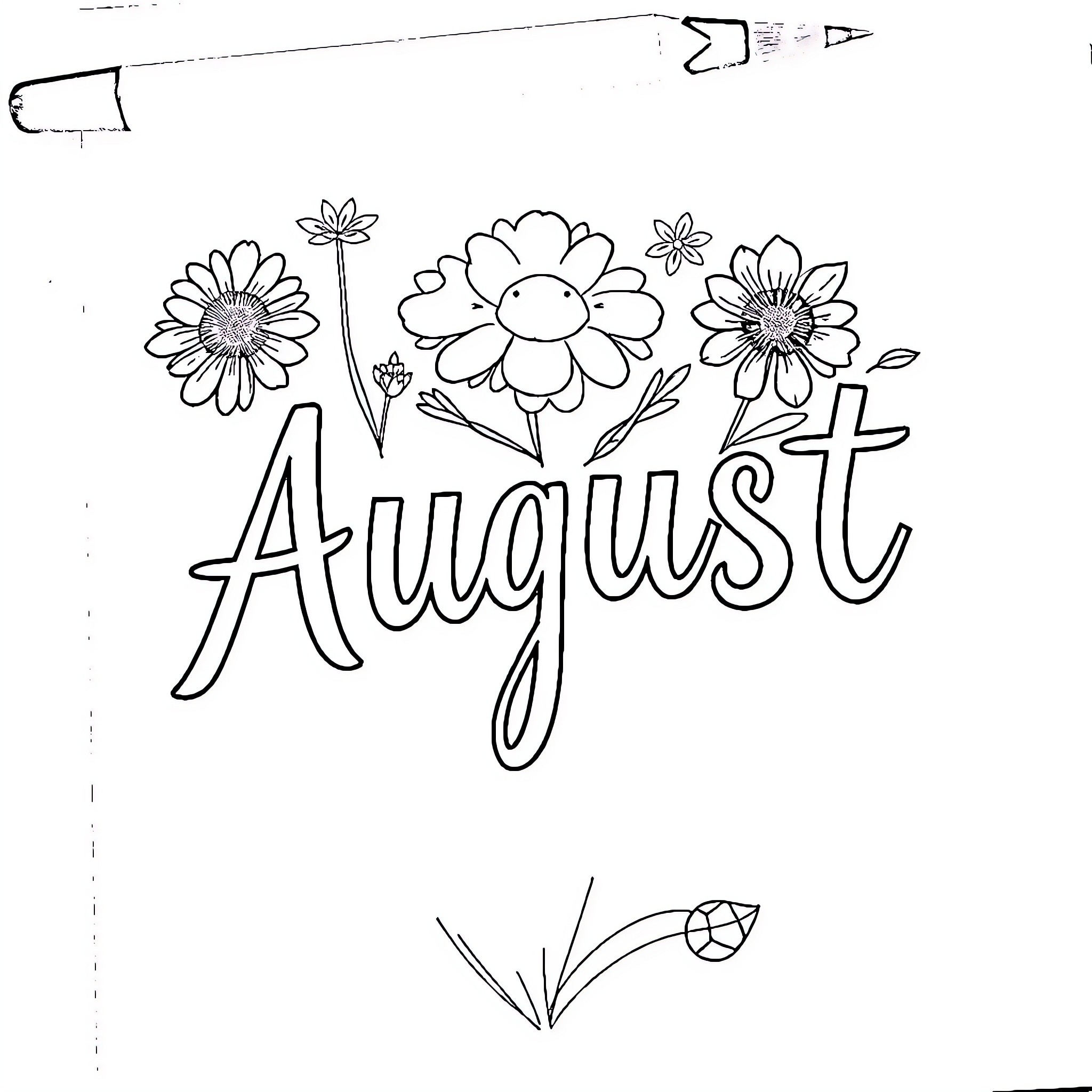 August flowers and nature doodle Coloring Page (free black-and-white line drawing printable PDF for all, from beginners to advanced learners, including children, teens, adults, and seniors)