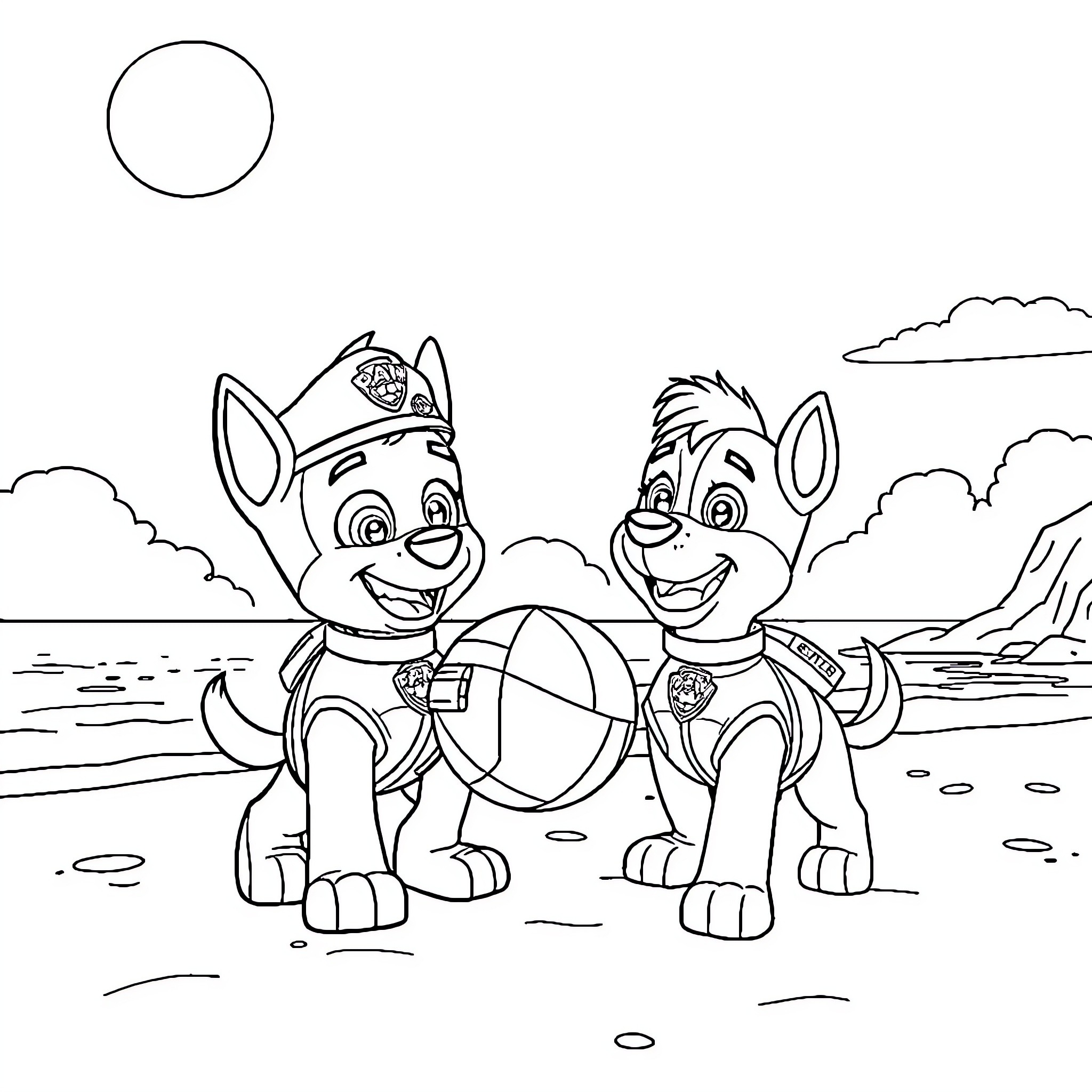 Chase of the pups on the beach Coloring Page (free black-and-white line drawing printable PDF for all, from beginners to advanced learners, including children, teens, adults, and seniors)