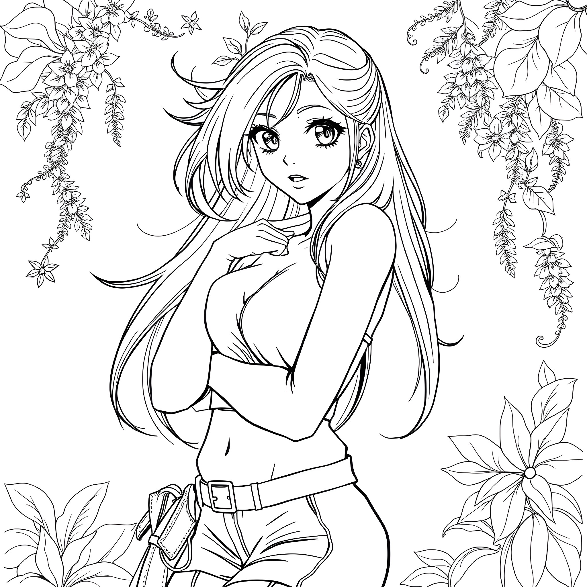 Anime Girl in Nature with Flowers and Leaves Coloring Page (free black-and-white line drawing printable PDF for all, from beginners to advanced learners, including children, teens, adults, and seniors)