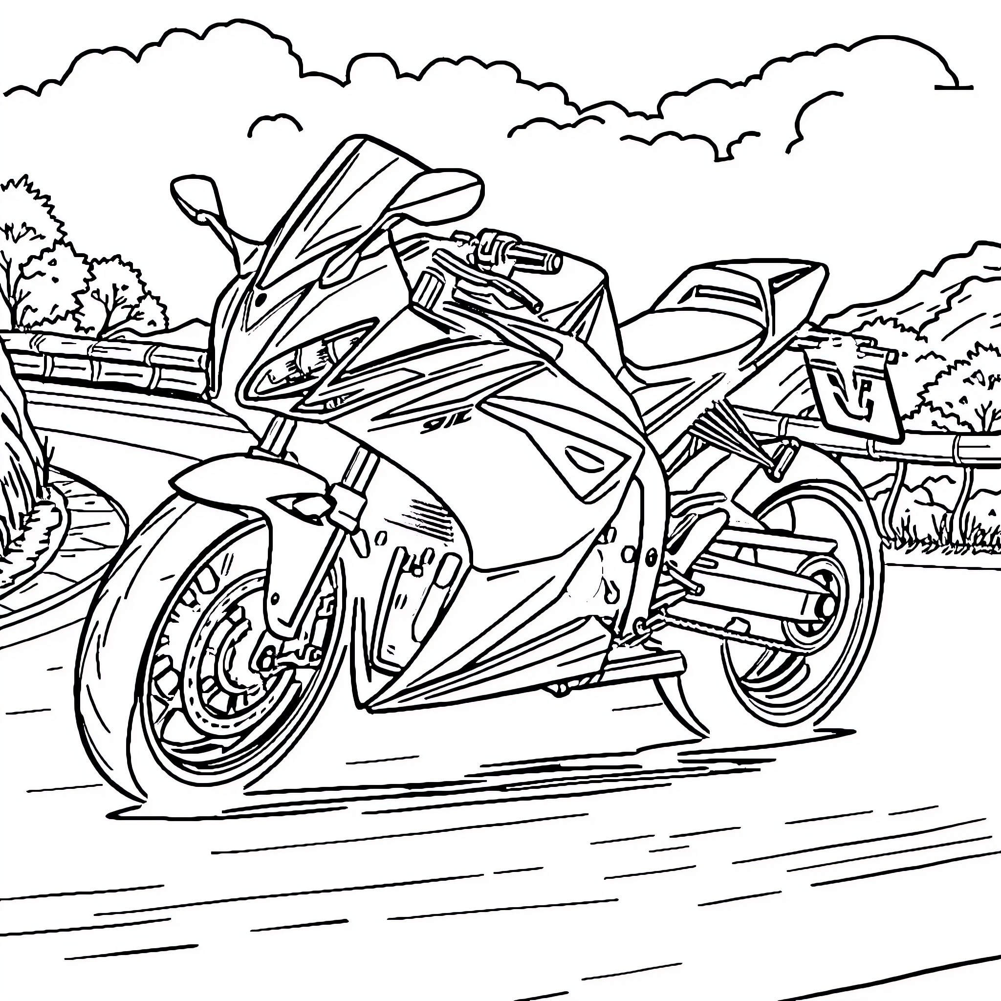 Sportbike in action on the open road Coloring Page (free black-and-white line drawing printable PDF for all, from beginners to advanced learners, including children, teens, adults, and seniors)