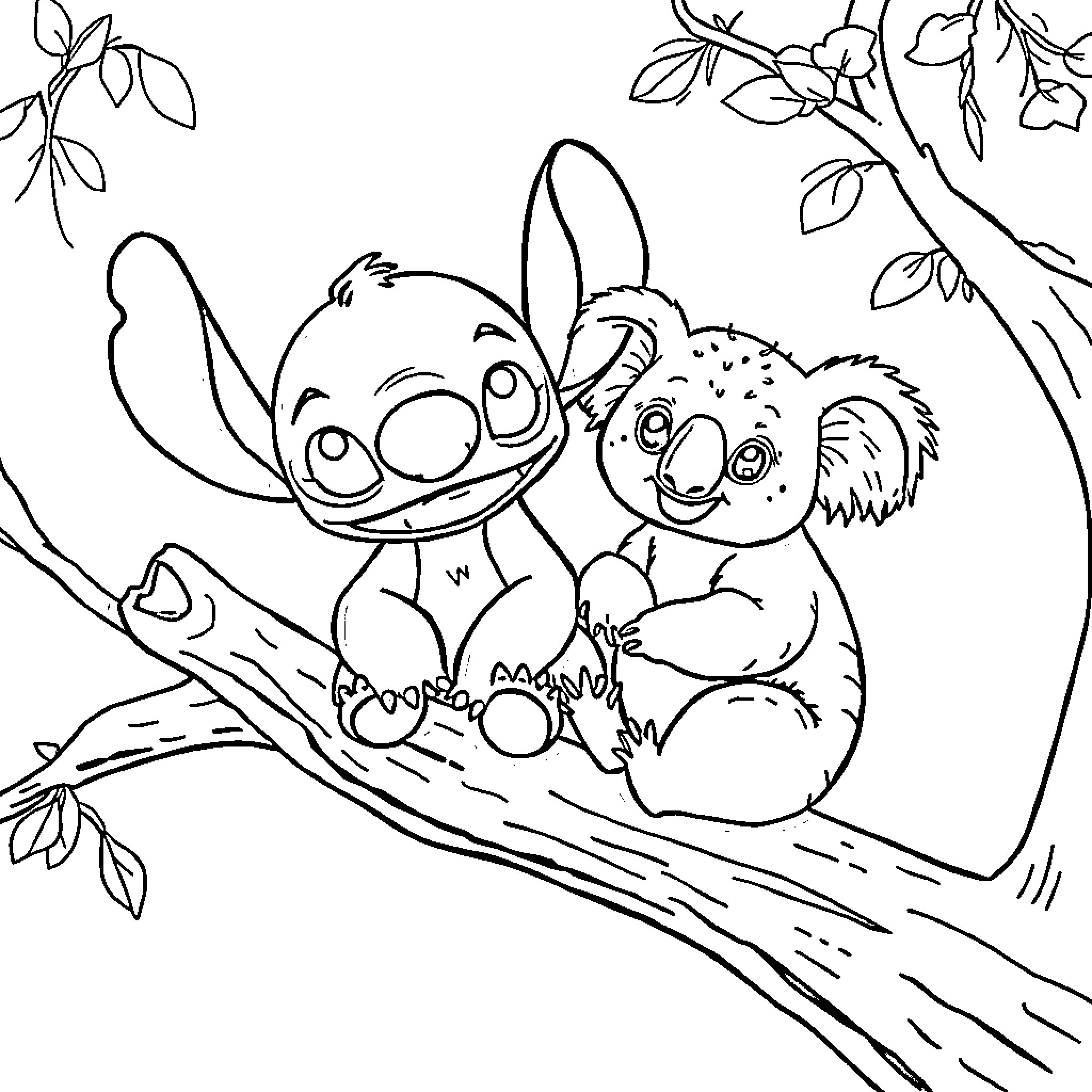 Stitch and Koala Enjoying Outdoor Adventure Coloring Page (free black-and-white line drawing printable PDF for all, from beginners to advanced learners, including children, teens, adults, and seniors)