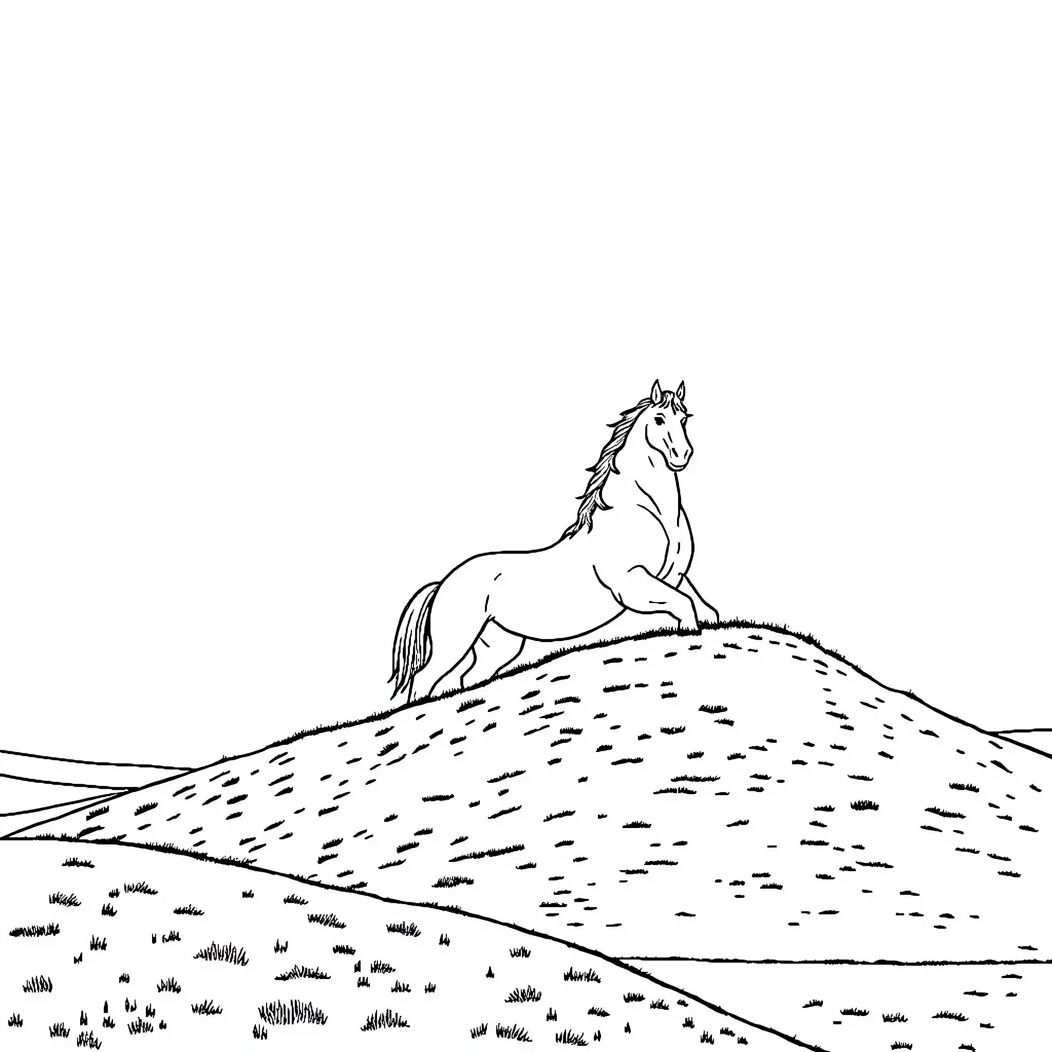 Horse standing tall on a rolling landscape Coloring Page (free black-and-white line drawing printable PDF for all, from beginners to advanced learners, including children, teens, adults, and seniors)