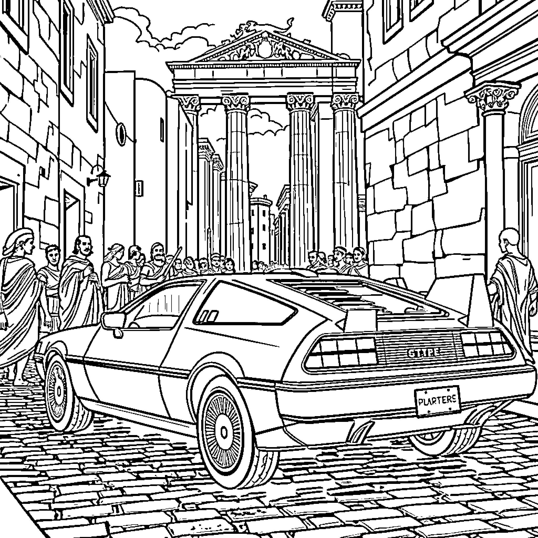 Car Parked in Front of Ancient Greek Temple Coloring Page (free black-and-white line drawing printable PDF for all, from beginners to advanced learners, including children, teens, adults, and seniors)