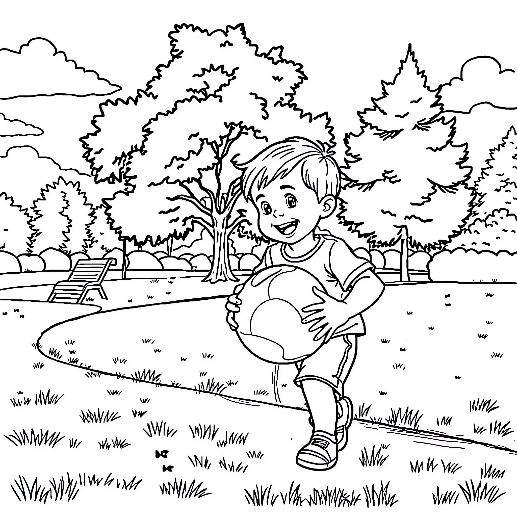 Child exploring the park outdoors Coloring Page (free black-and-white line drawing printable PDF for all, from beginners to advanced learners, including children, teens, adults, and seniors)