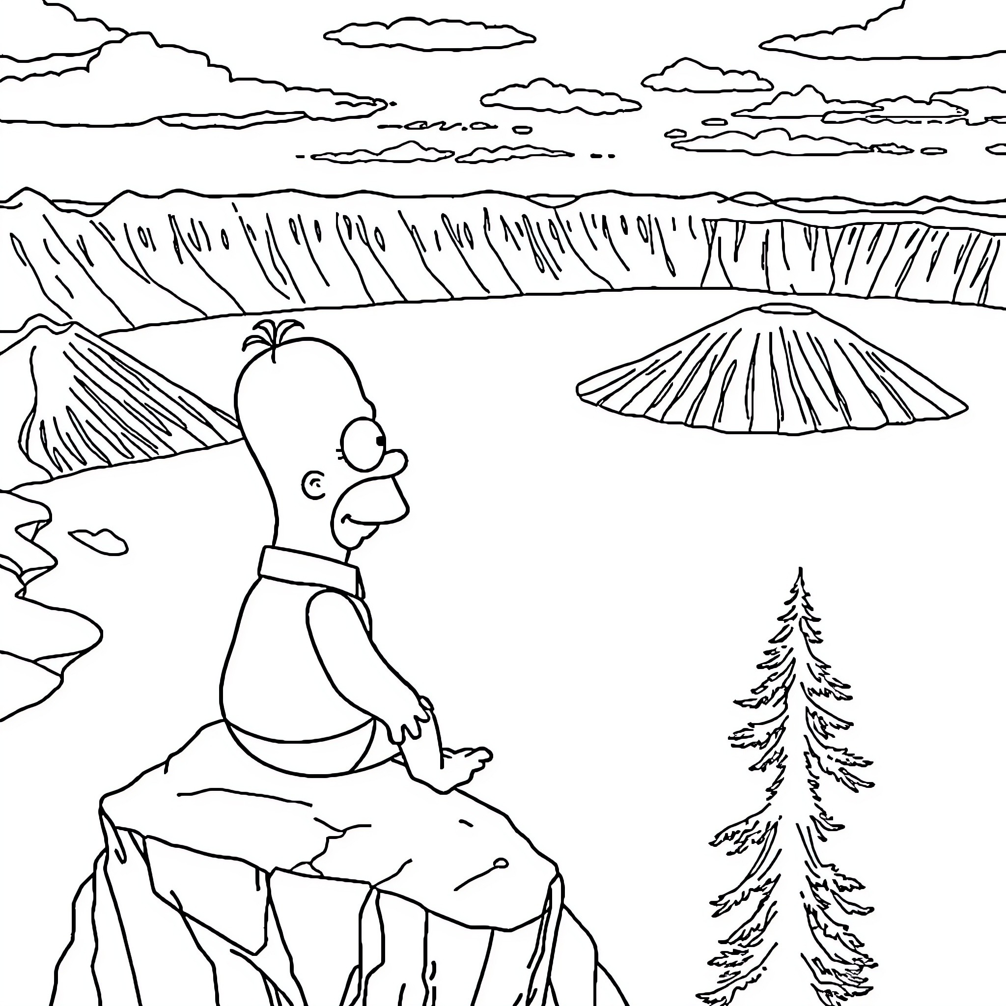 Homer Simpson enjoying the tranquil countryside landscape Coloring Page (free black-and-white line drawing printable PDF for all, from beginners to advanced learners, including children, teens, adults, and seniors)