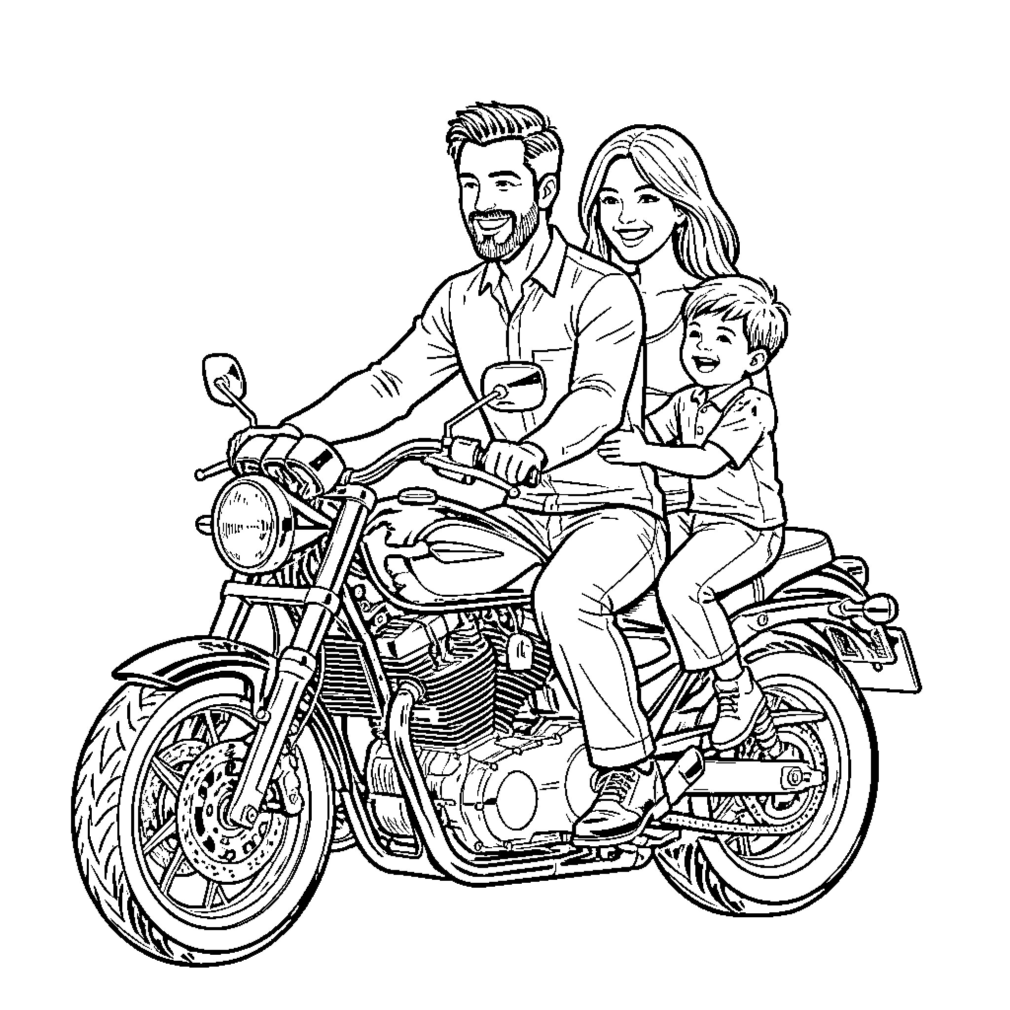 Man and Family Riding Motorcycle Together Coloring Page (free black-and-white line drawing printable PDF for all, from beginners to advanced learners, including children, teens, adults, and seniors)
