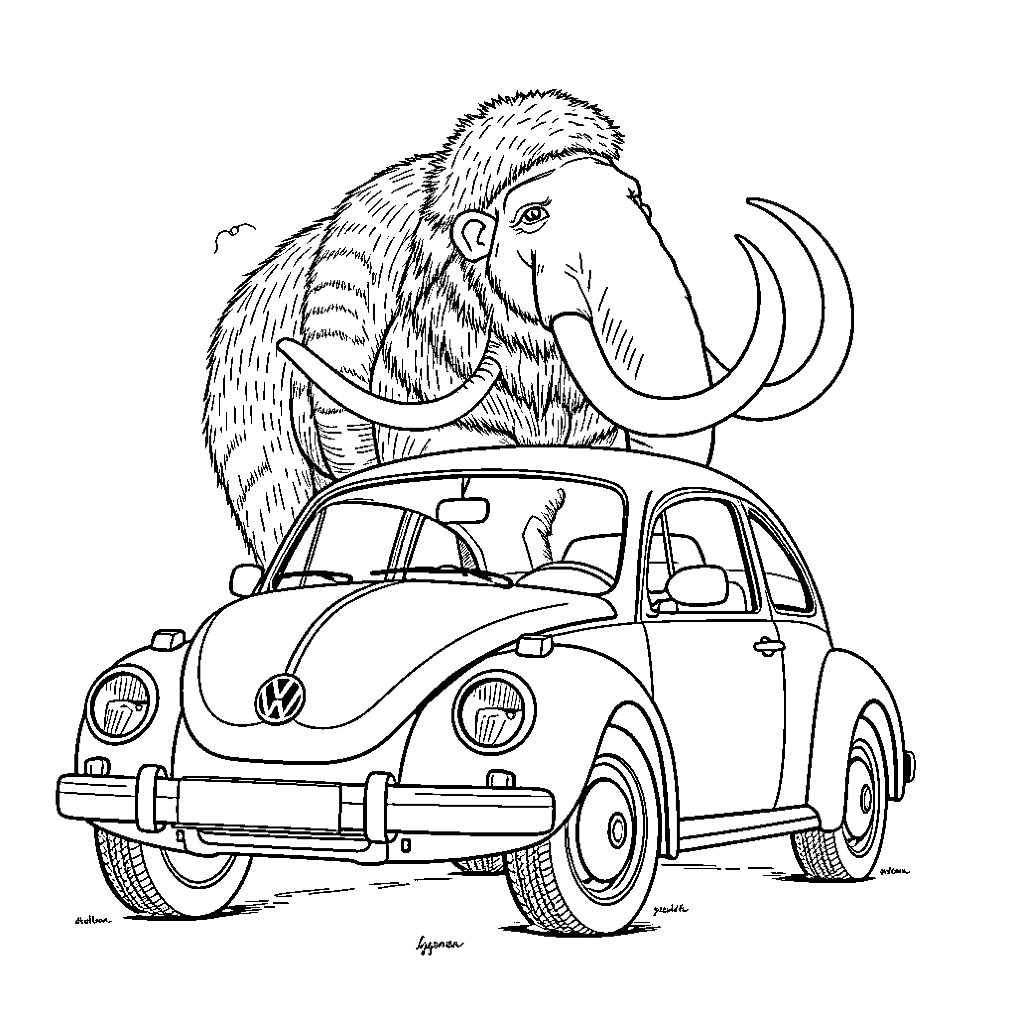 Mammoth driving a vintage car Coloring Page (free black-and-white line drawing printable PDF for all, from beginners to advanced learners, including children, teens, adults, and seniors)