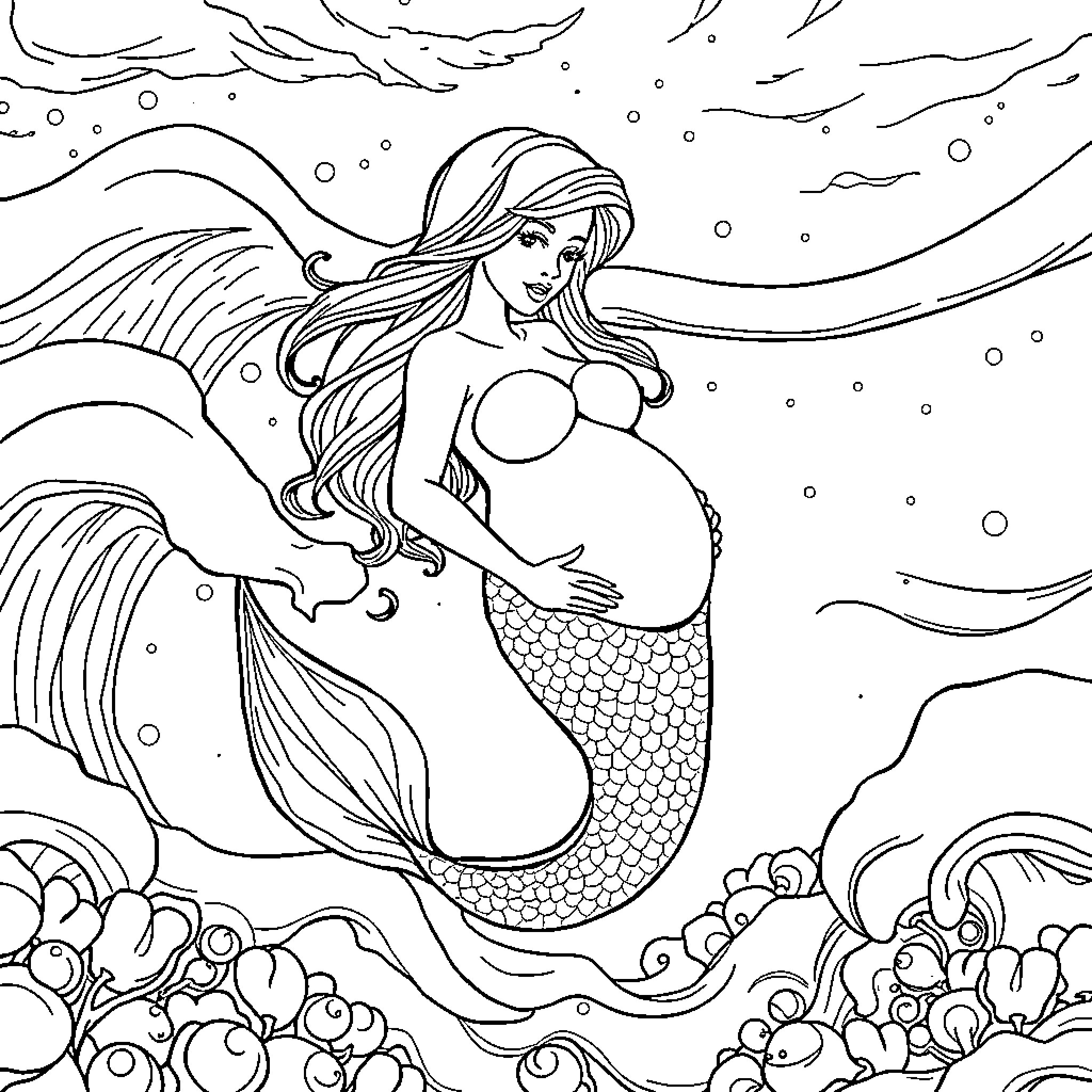 Mermaid with flowing hair in the ocean Coloring Page (free black-and-white line drawing printable PDF for all, from beginners to advanced learners, including children, teens, adults, and seniors)