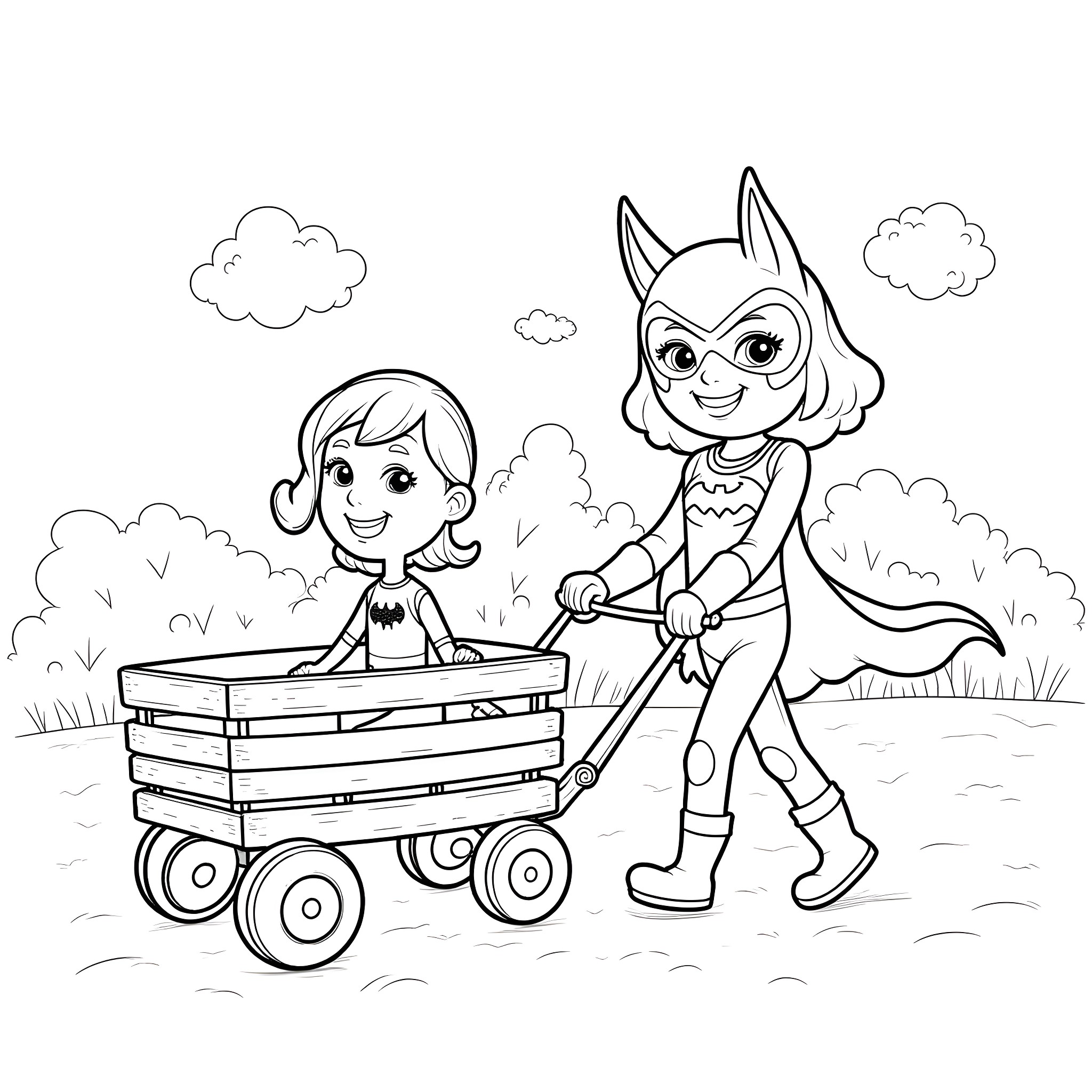 Batgirl and her young friend playing in the park Coloring Page (free black-and-white line drawing printable PDF for all, from beginners to advanced learners, including children, teens, adults, and seniors)