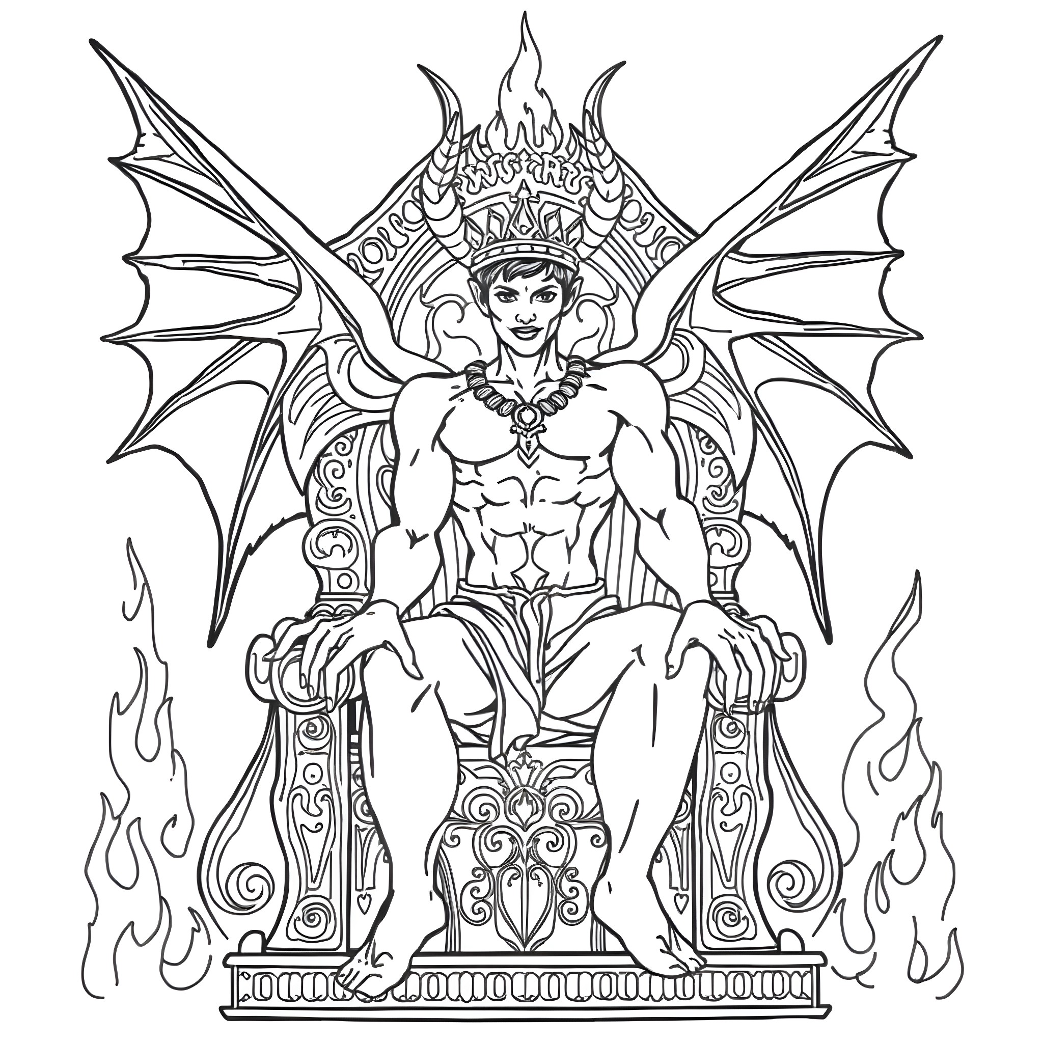 Lucifer, the Fallen Angel, Enthroned in Splendor Coloring Page (free black-and-white line drawing printable PDF for all, from beginners to advanced learners, including children, teens, adults, and seniors)