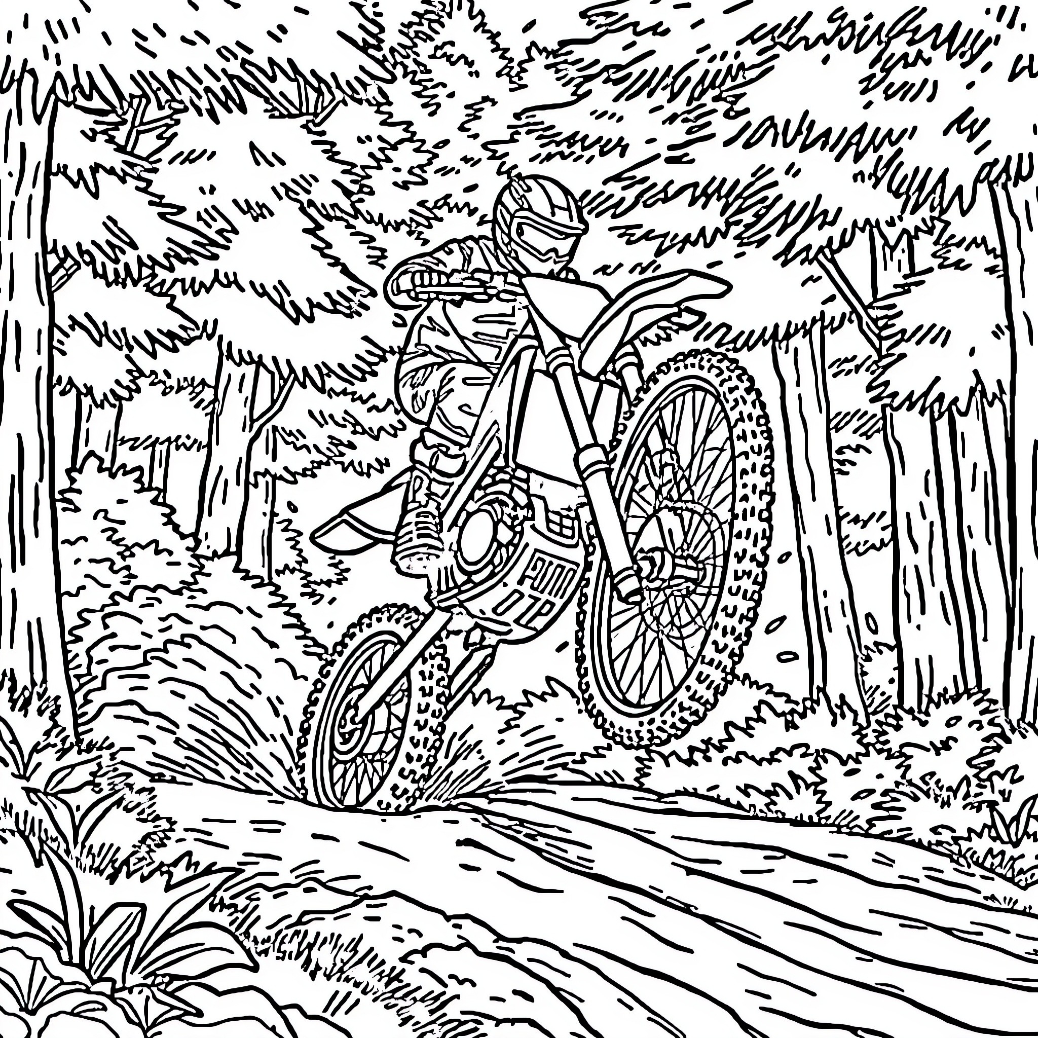 Dirt Bike Racing through Forest Terrain Coloring Page (free black-and-white line drawing printable PDF for all, from beginners to advanced learners, including children, teens, adults, and seniors)