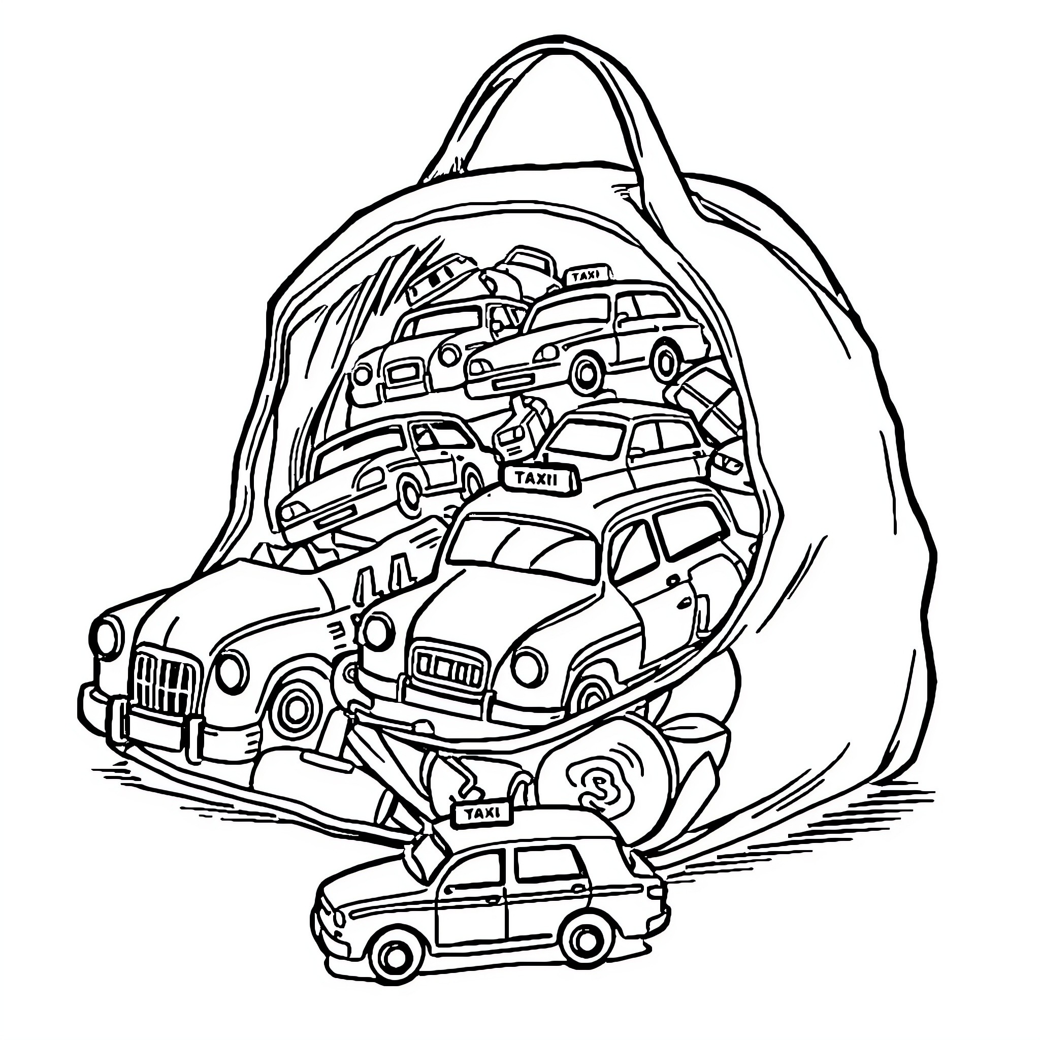 Taxi Backpack Filled with Toy Cars and Vehicles Coloring Page (free black-and-white line drawing printable PDF for all, from beginners to advanced learners, including children, teens, adults, and seniors)