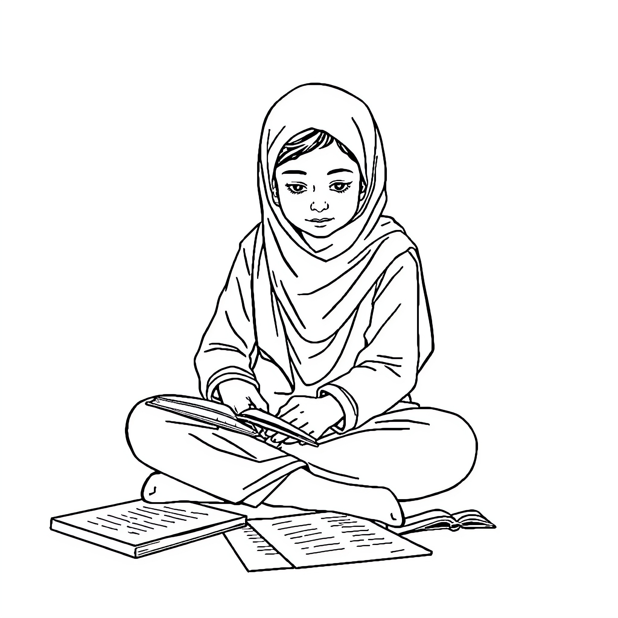 Girl studying diligently with books and papers Coloring Page (free black-and-white line drawing printable PDF for all, from beginners to advanced learners, including children, teens, adults, and seniors)