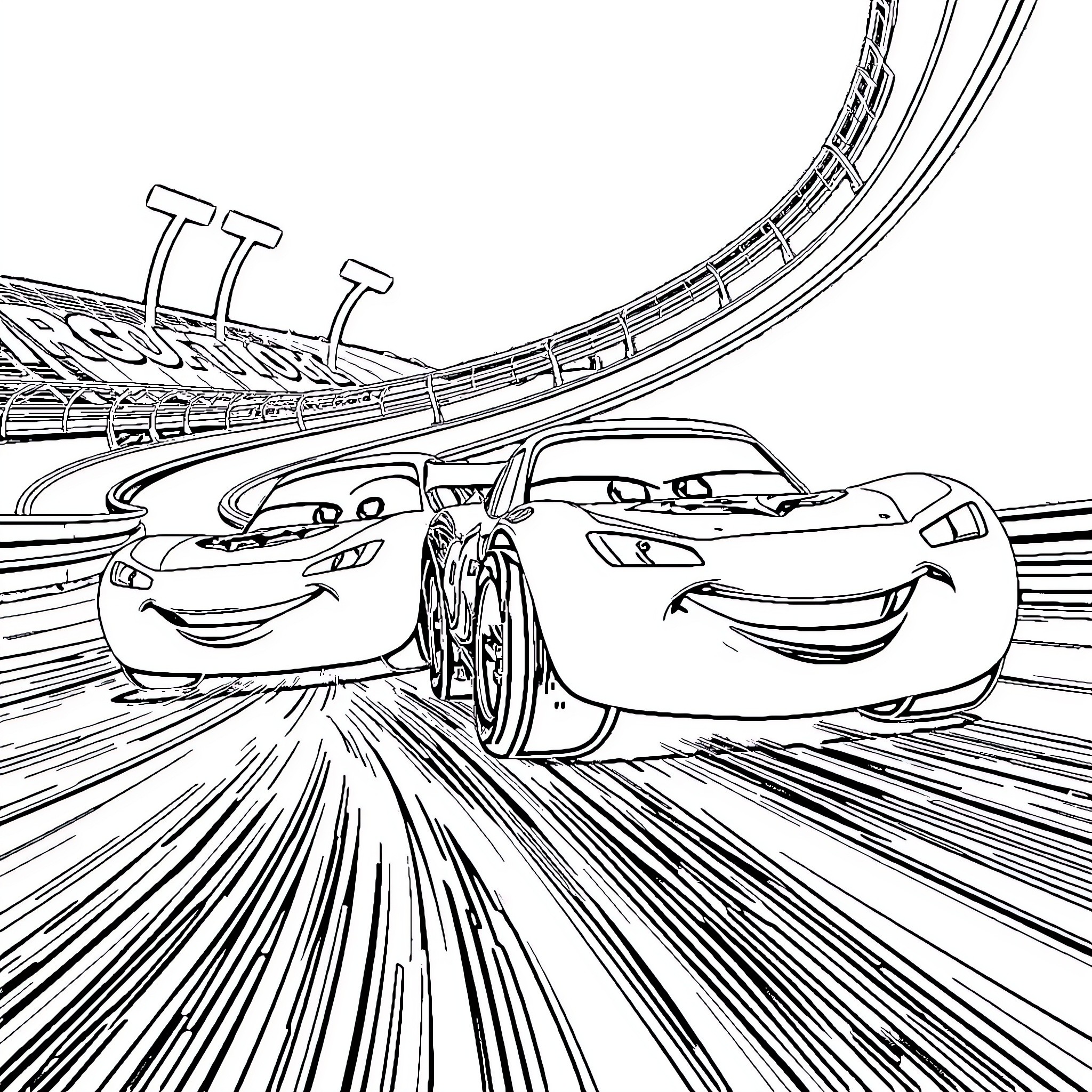 Lightning McQueen speeding on the racetrack Coloring Page (free black-and-white line drawing printable PDF for all, from beginners to advanced learners, including children, teens, adults, and seniors)