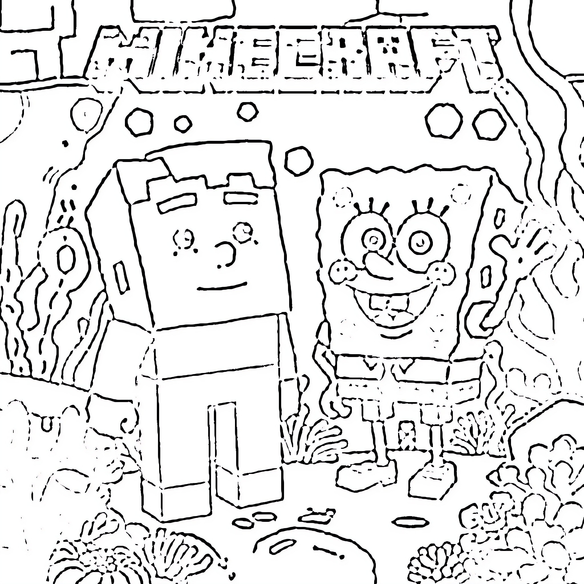 Steve's cartoon adventure with friends in a quirky landscape Coloring Page (free black-and-white line drawing printable PDF for all, from beginners to advanced learners, including children, teens, adults, and seniors)