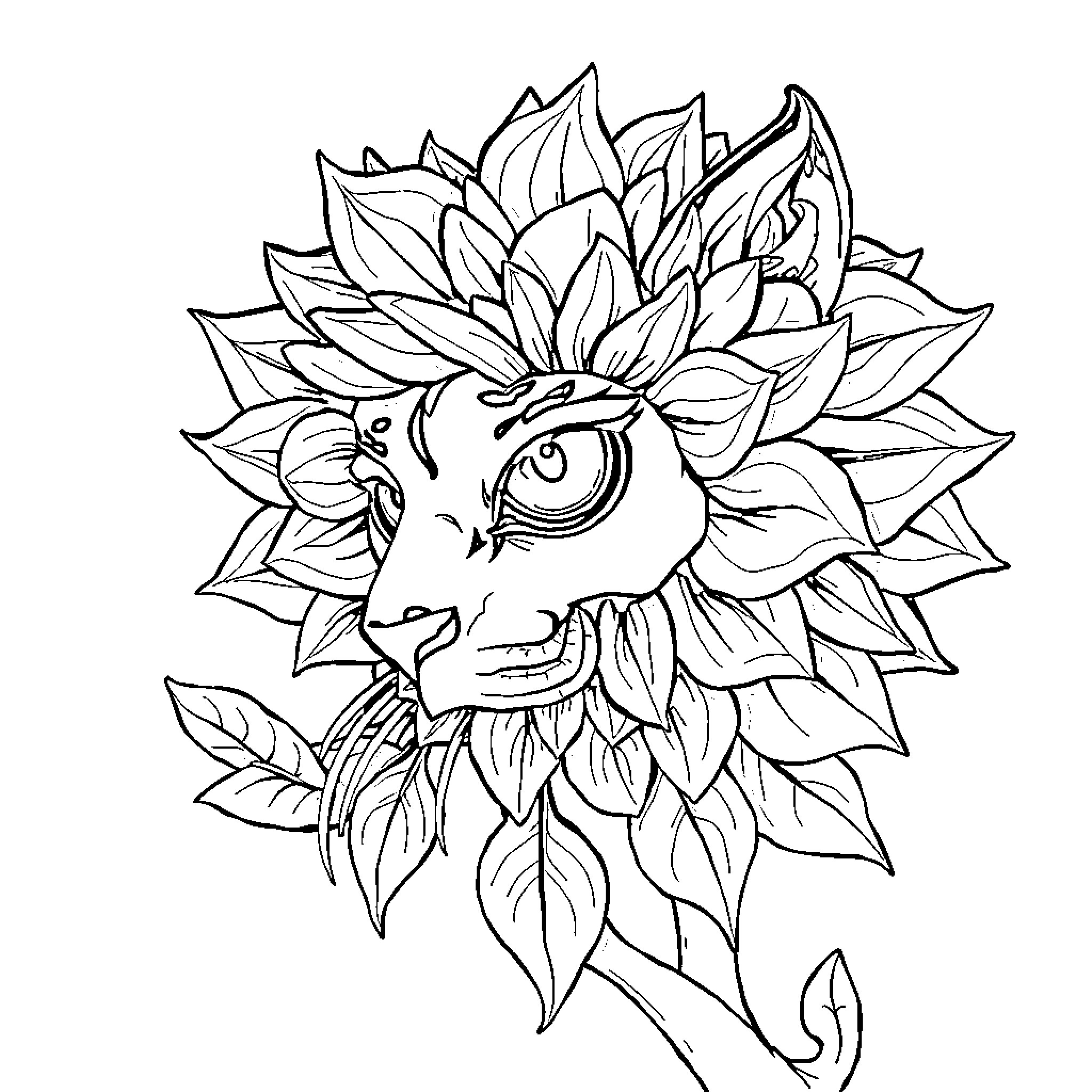 Mincho's Floral Feline Fantasia Coloring Page (free black-and-white line drawing printable PDF for all, from beginners to advanced learners, including children, teens, adults, and seniors)