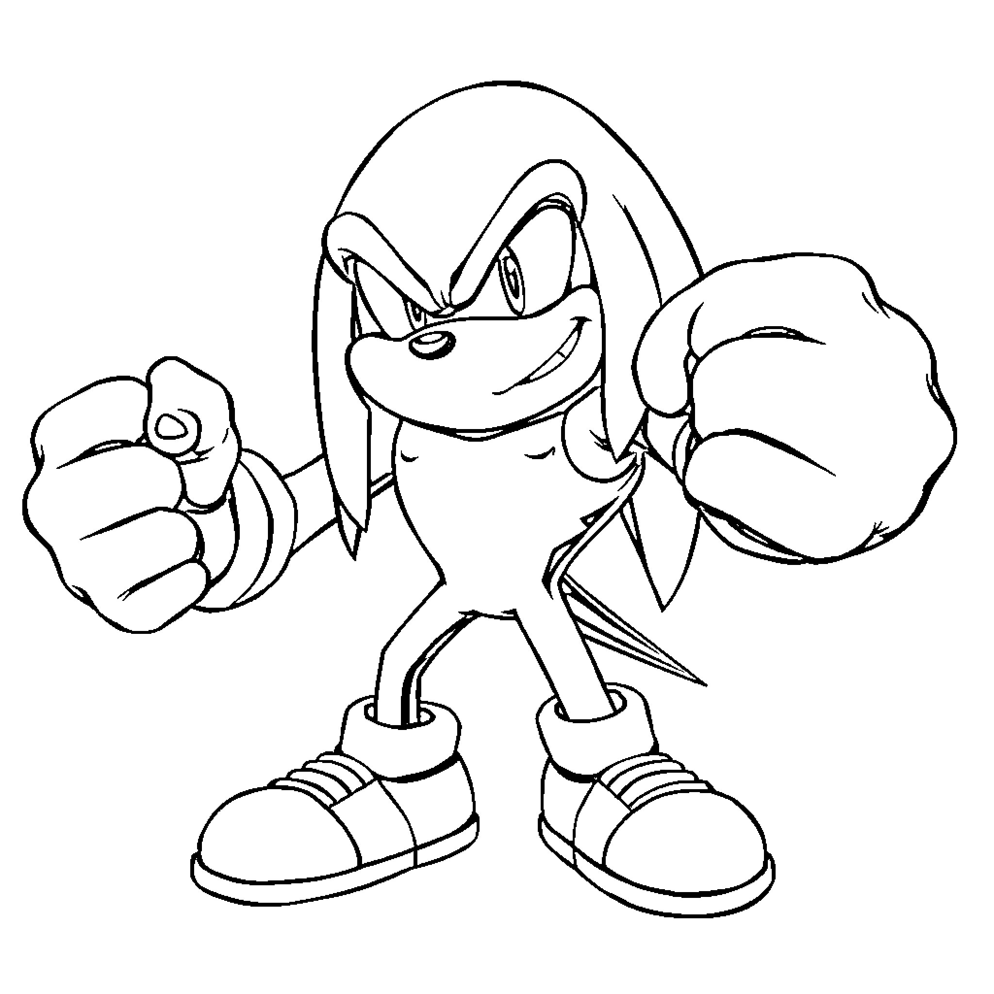 Knuckles the Echidna in Action Pose Coloring Page (free black-and-white line drawing printable PDF for all, from beginners to advanced learners, including children, teens, adults, and seniors)