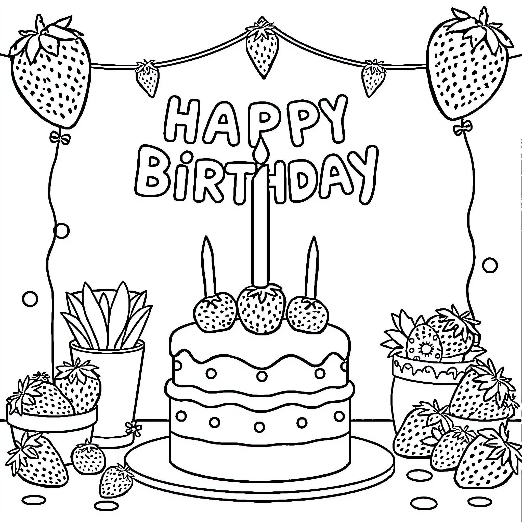 Strawberry Celebration of Happy Birthday Coloring Page (free black-and-white line drawing printable PDF for all, from beginners to advanced learners, including children, teens, adults, and seniors)