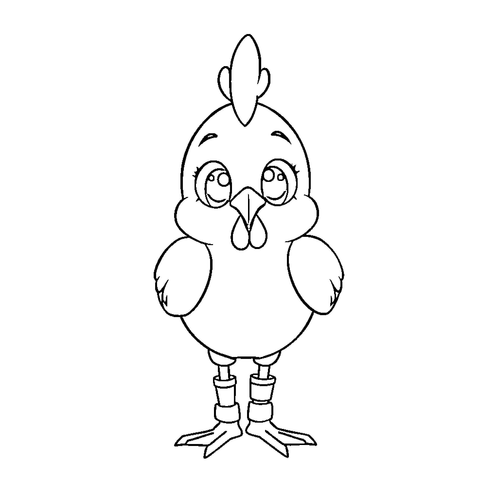 Chicken with a cheerful expression Coloring Page (free black-and-white line drawing printable PDF for all, from beginners to advanced learners, including children, teens, adults, and seniors)