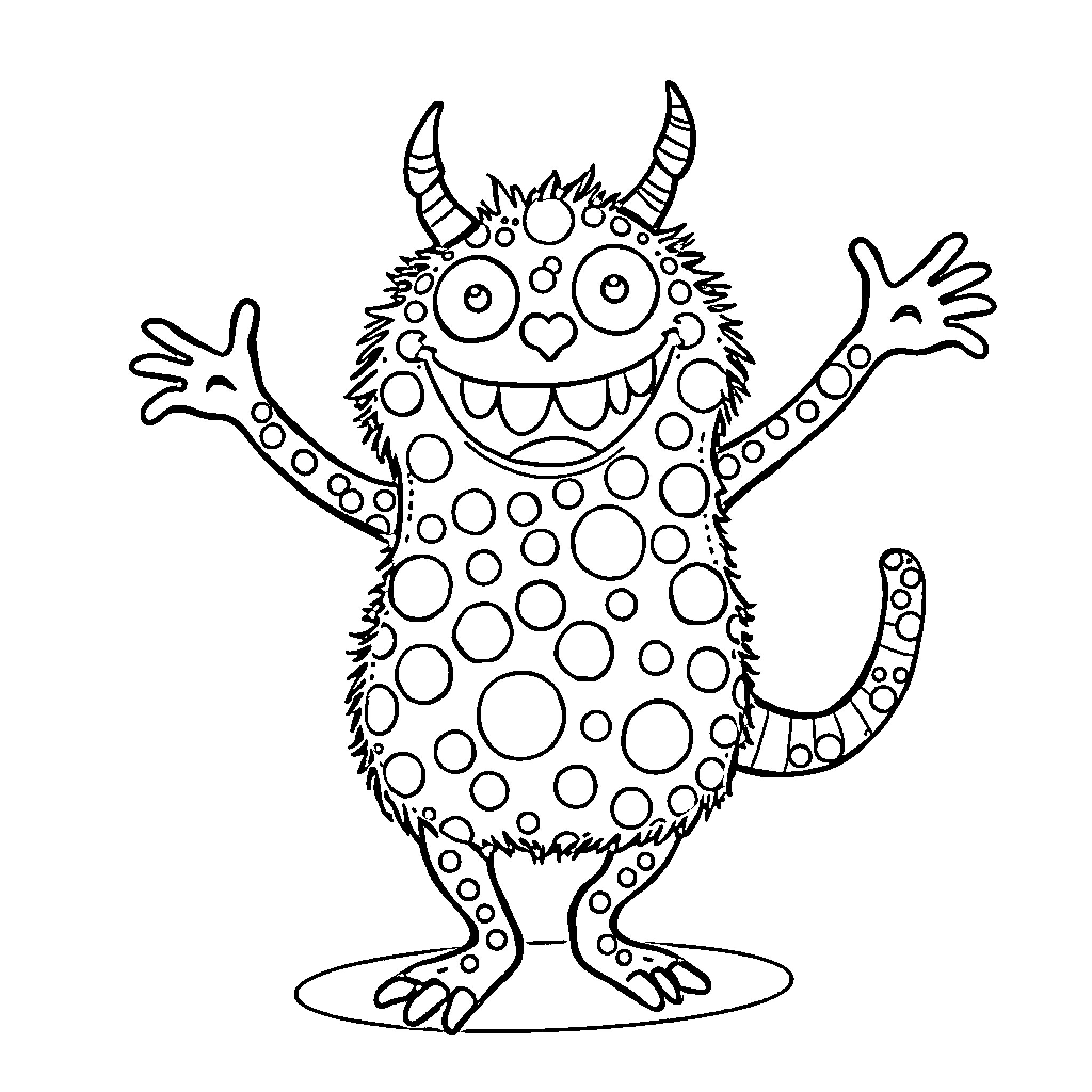 Monster joyfully gesturing with polka dot body Coloring Page (free black-and-white line drawing printable PDF for all, from beginners to advanced learners, including children, teens, adults, and seniors)
