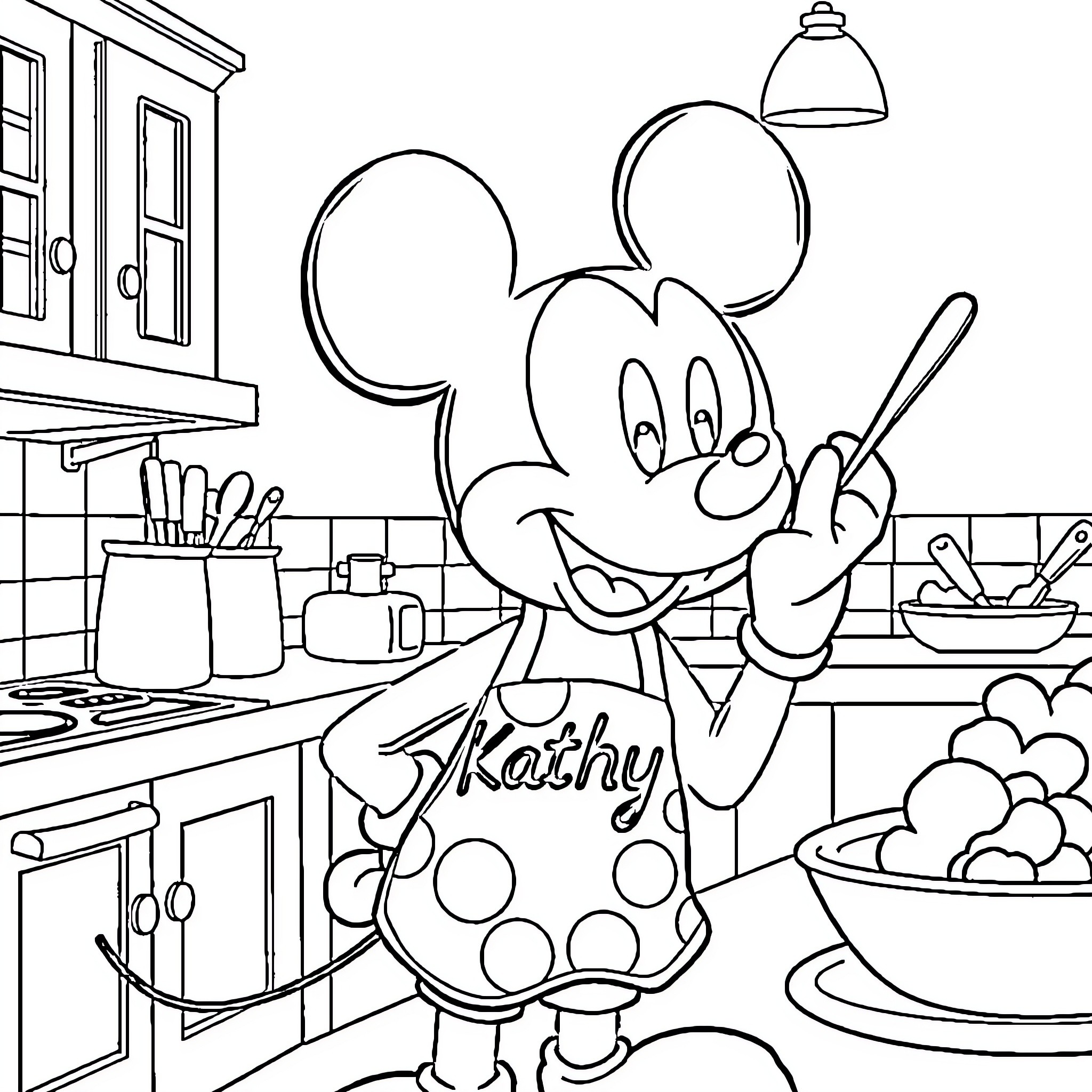 Mickey Mouse Cooking in the Kitchen Coloring Page (free black-and-white line drawing printable PDF for all, from beginners to advanced learners, including children, teens, adults, and seniors)