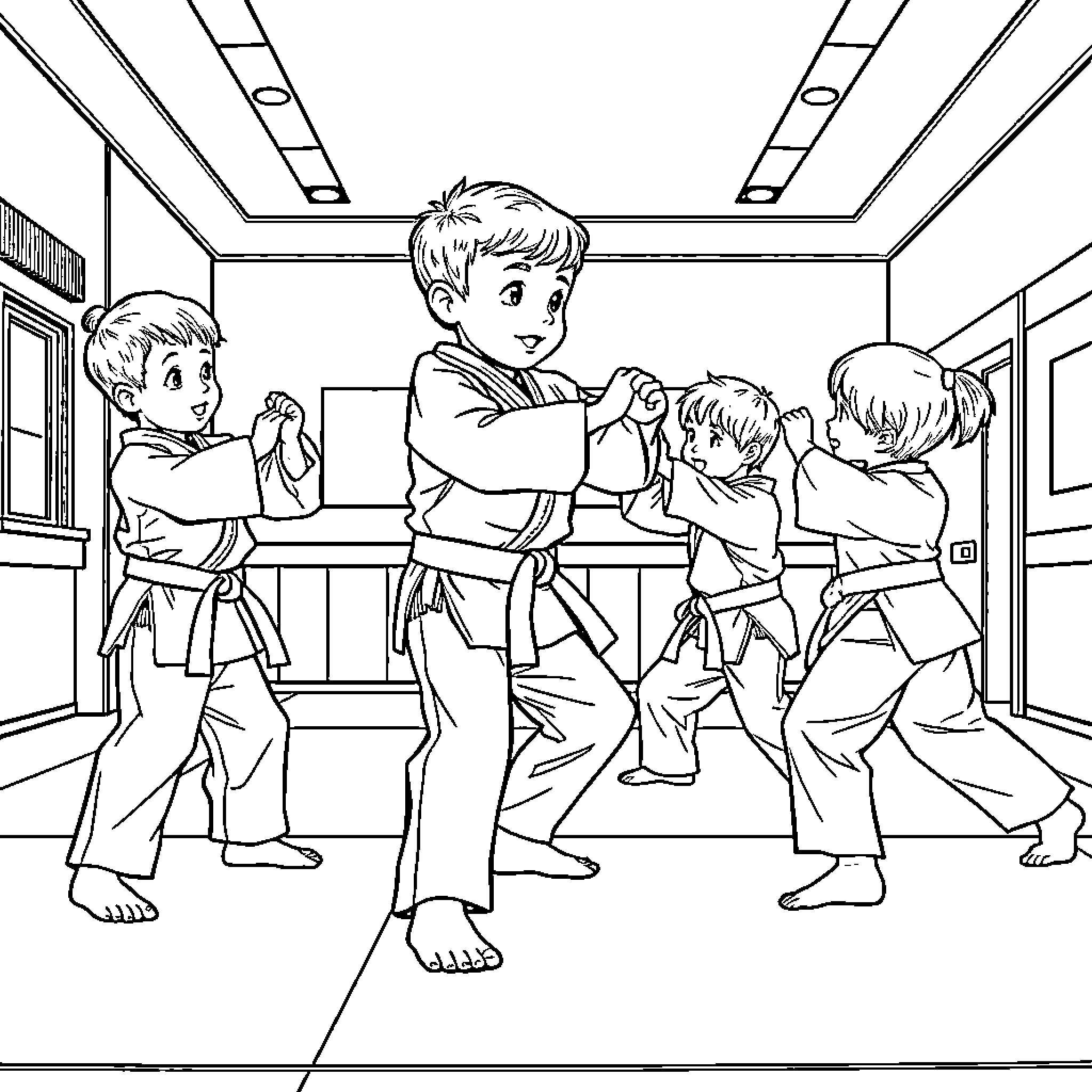 Judo training session with focused young students Coloring Page (free black-and-white line drawing printable PDF for all, from beginners to advanced learners, including children, teens, adults, and seniors)