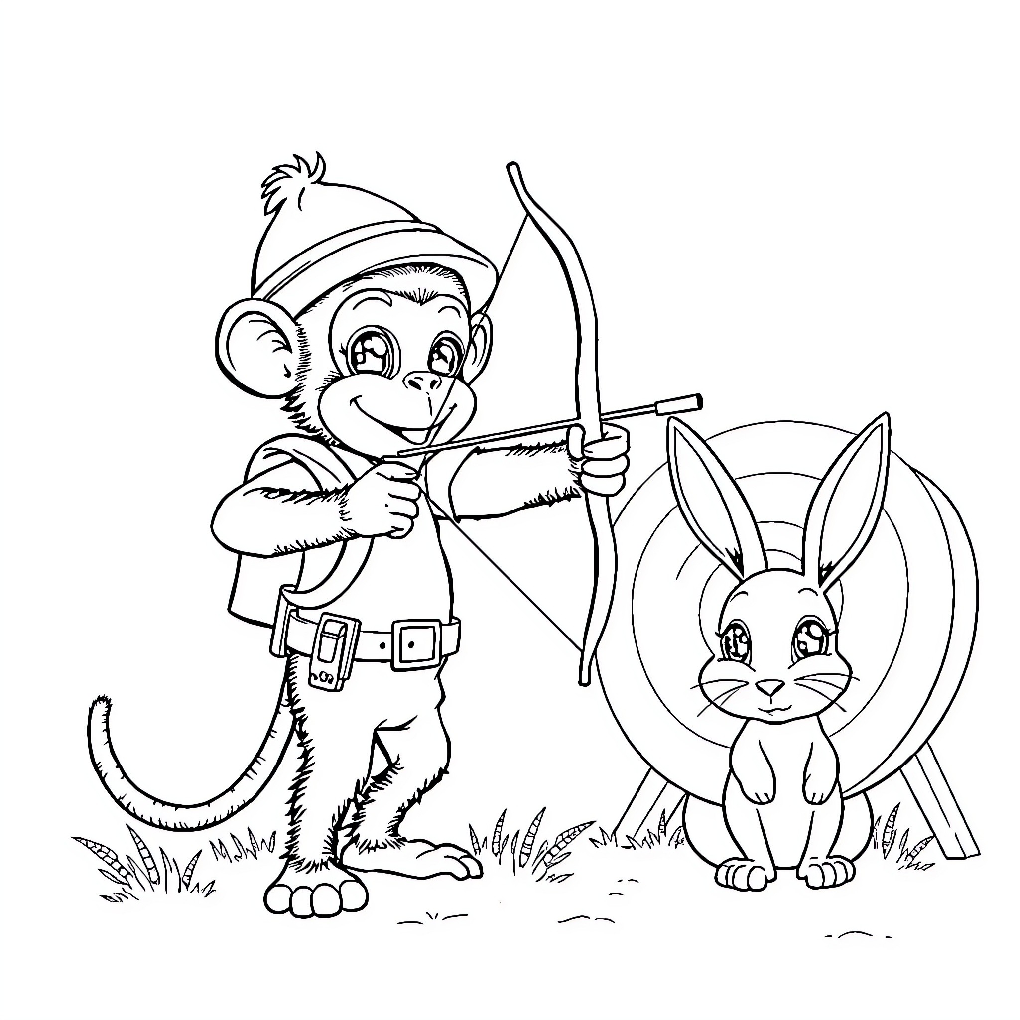 Monkey archer hunting with rabbit companion Coloring Page (free black-and-white line drawing printable PDF for all, from beginners to advanced learners, including children, teens, adults, and seniors)