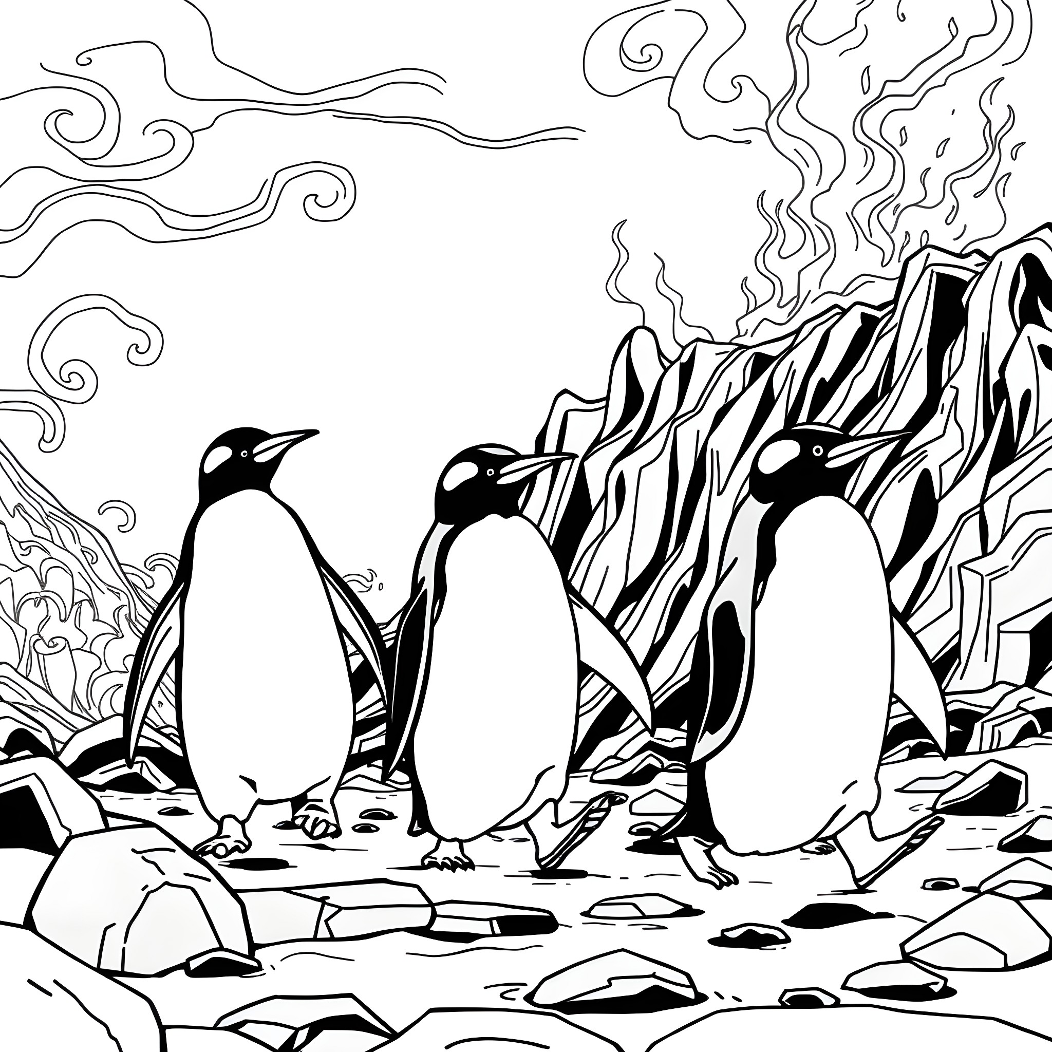 Penguins Huddling in Icy Landscape Coloring Page (free black-and-white line drawing printable PDF for all, from beginners to advanced learners, including children, teens, adults, and seniors)