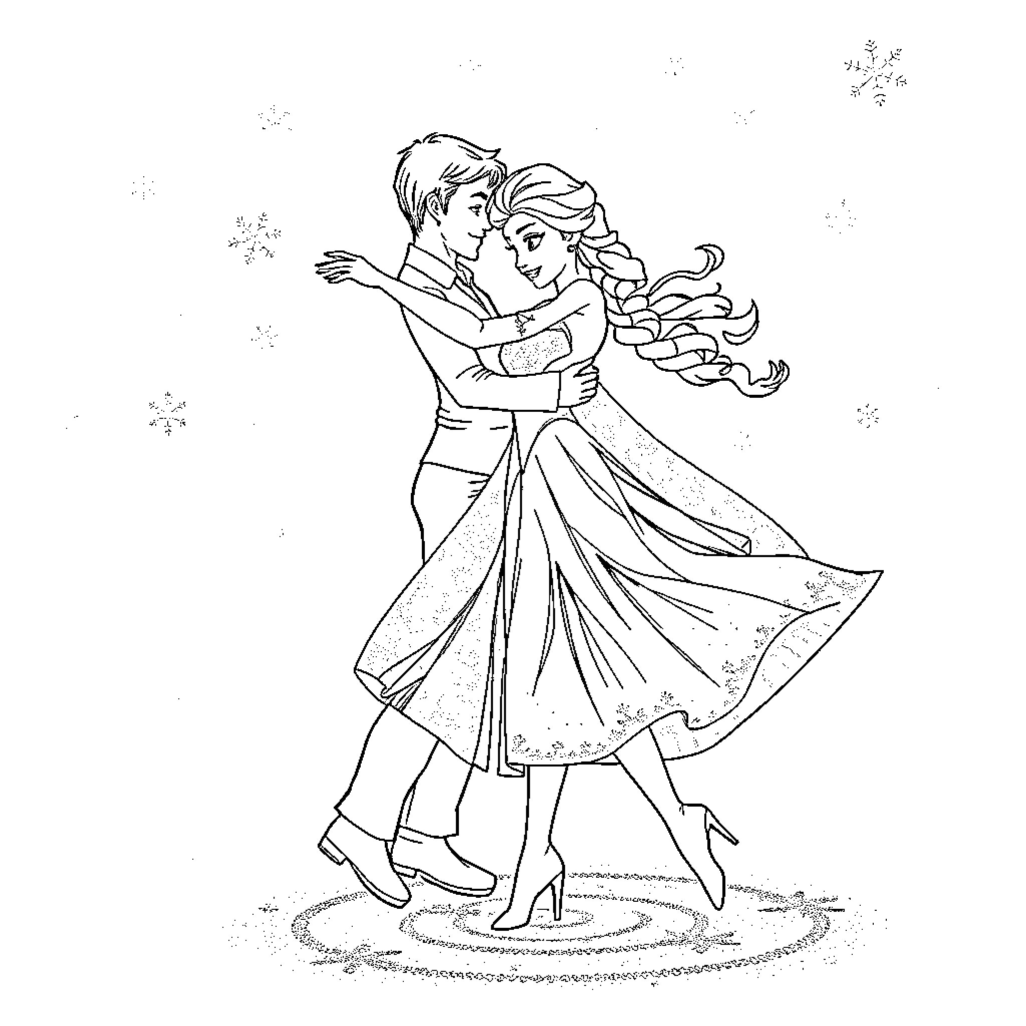 Elsa and Hans dancing in winter wonderland Coloring Page (free black-and-white line drawing printable PDF for all, from beginners to advanced learners, including children, teens, adults, and seniors)