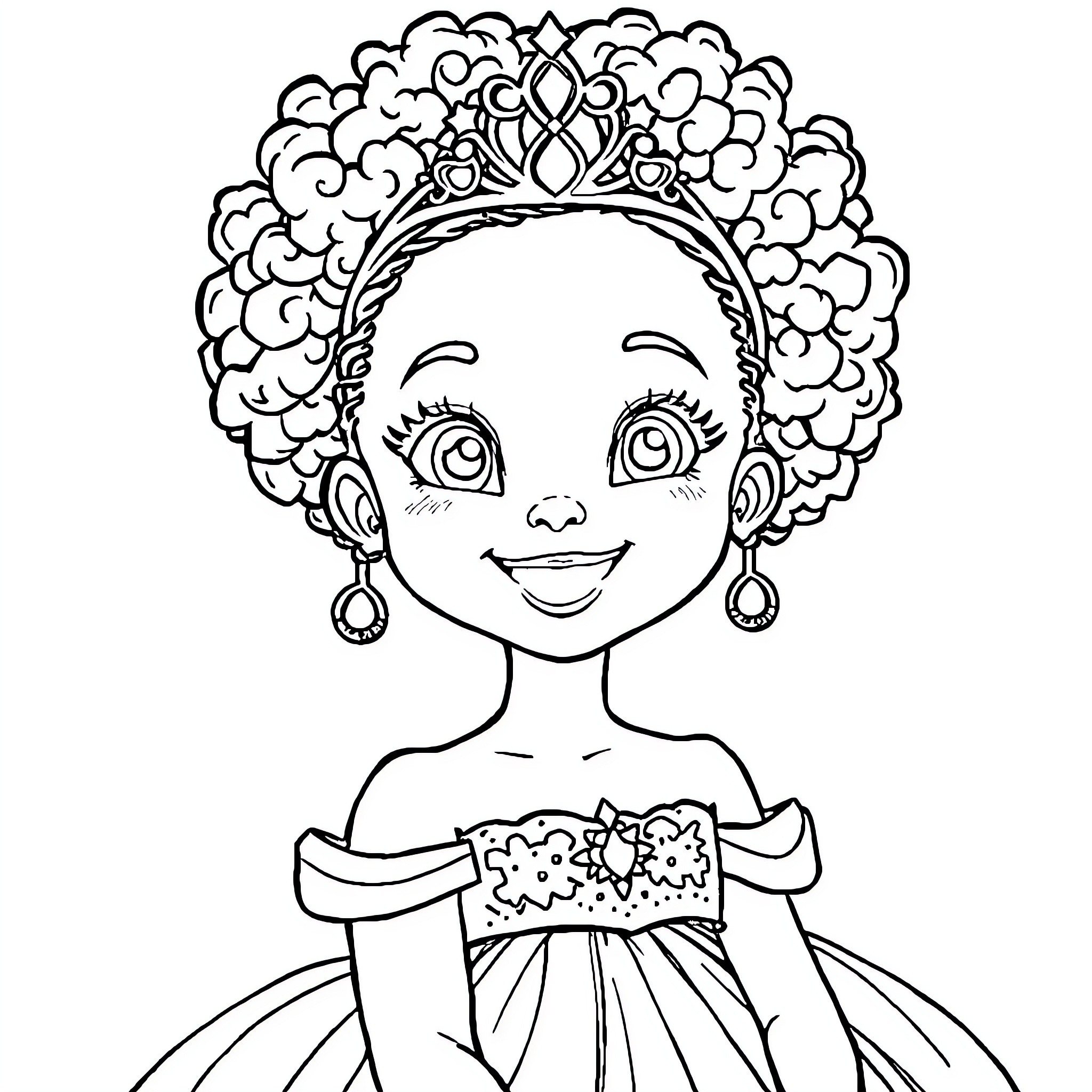 Princess with Curly Hair and Tiara Coloring Page (free black-and-white line drawing printable PDF for all, from beginners to advanced learners, including children, teens, adults, and seniors)